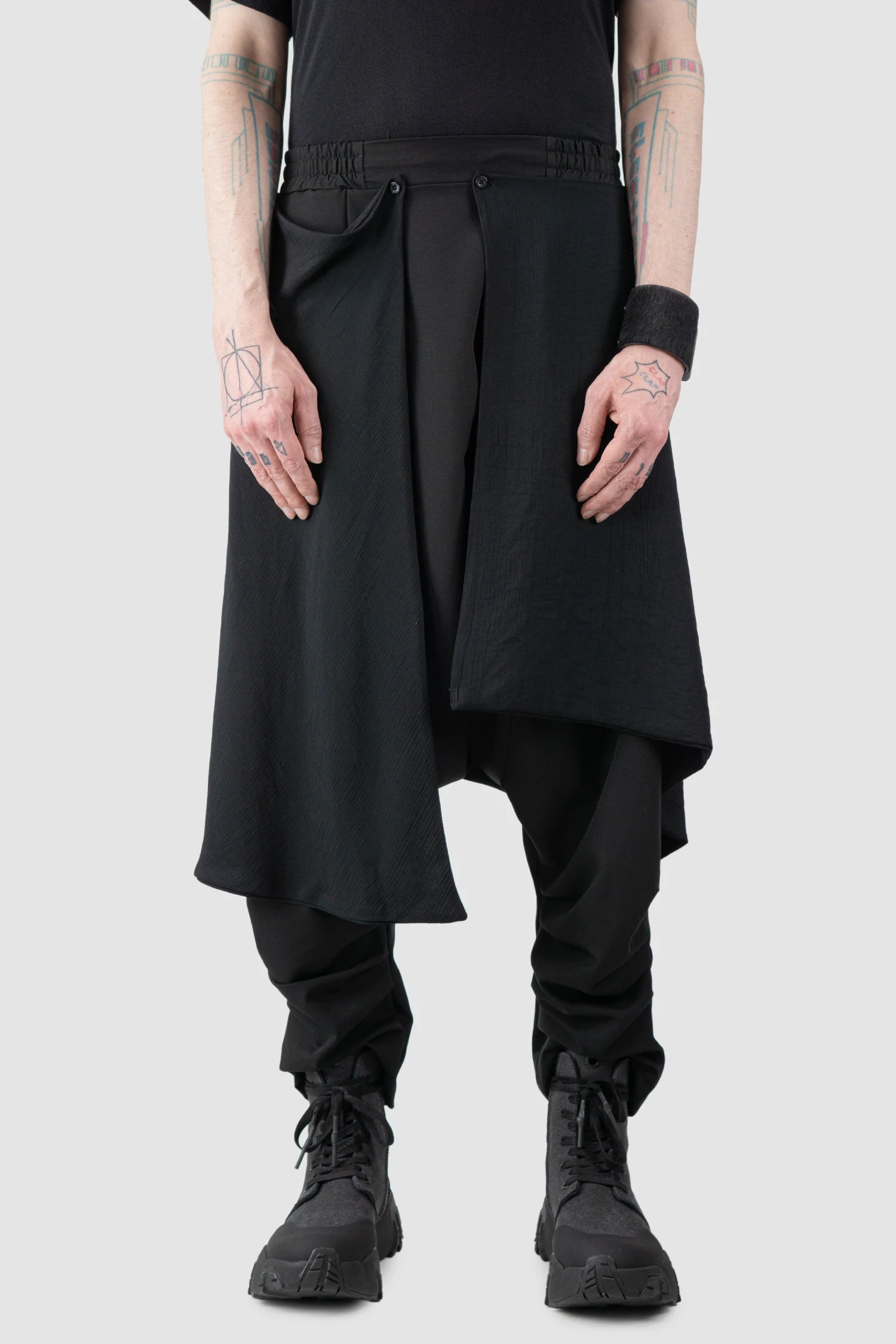 La Haine Inside Us - Men’s Black Low Crotch Trousers with Detachable Skirt model front view
