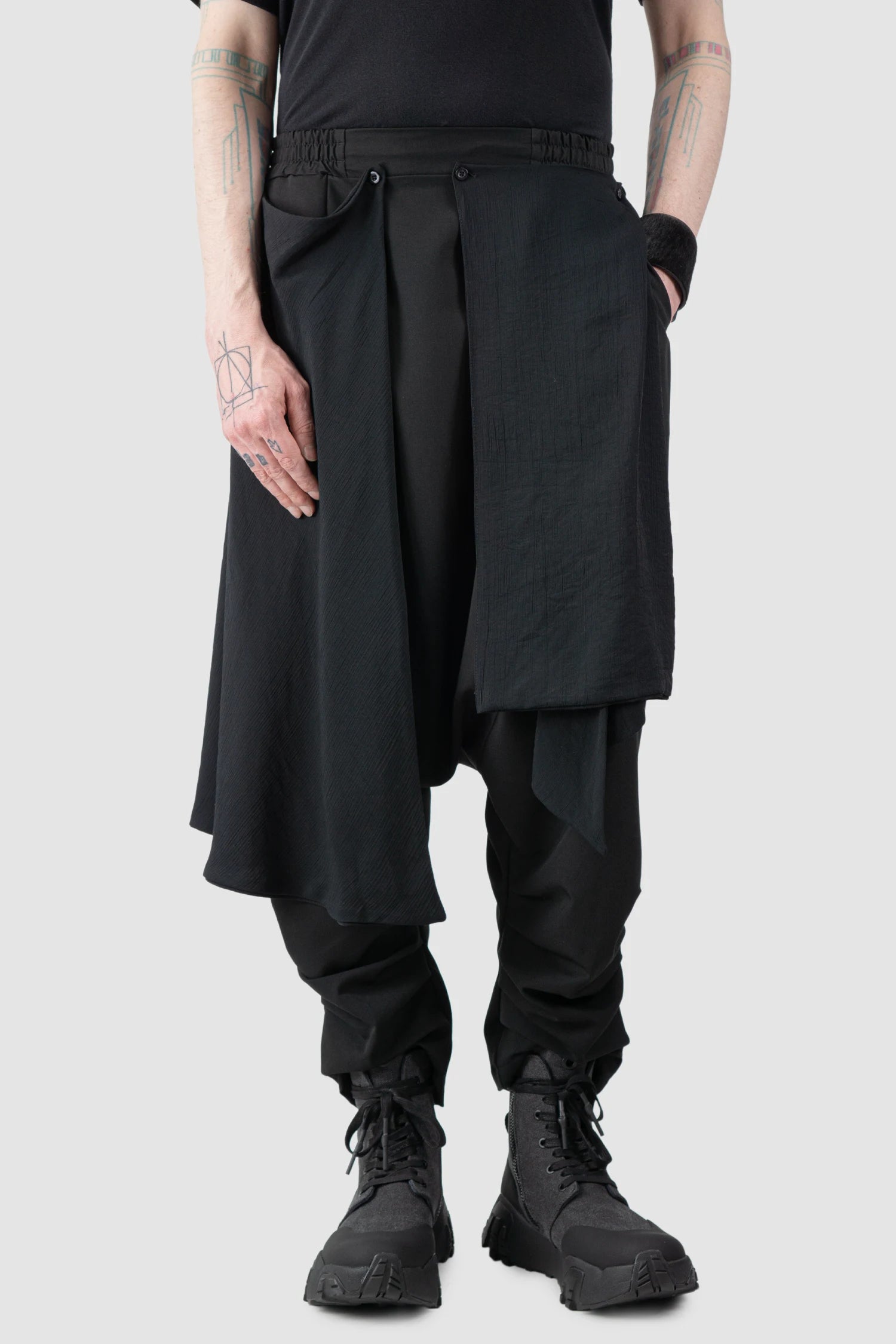 La Haine Inside Us - Men’s Black Low Crotch Trousers with Detachable Skirt model relaxed view