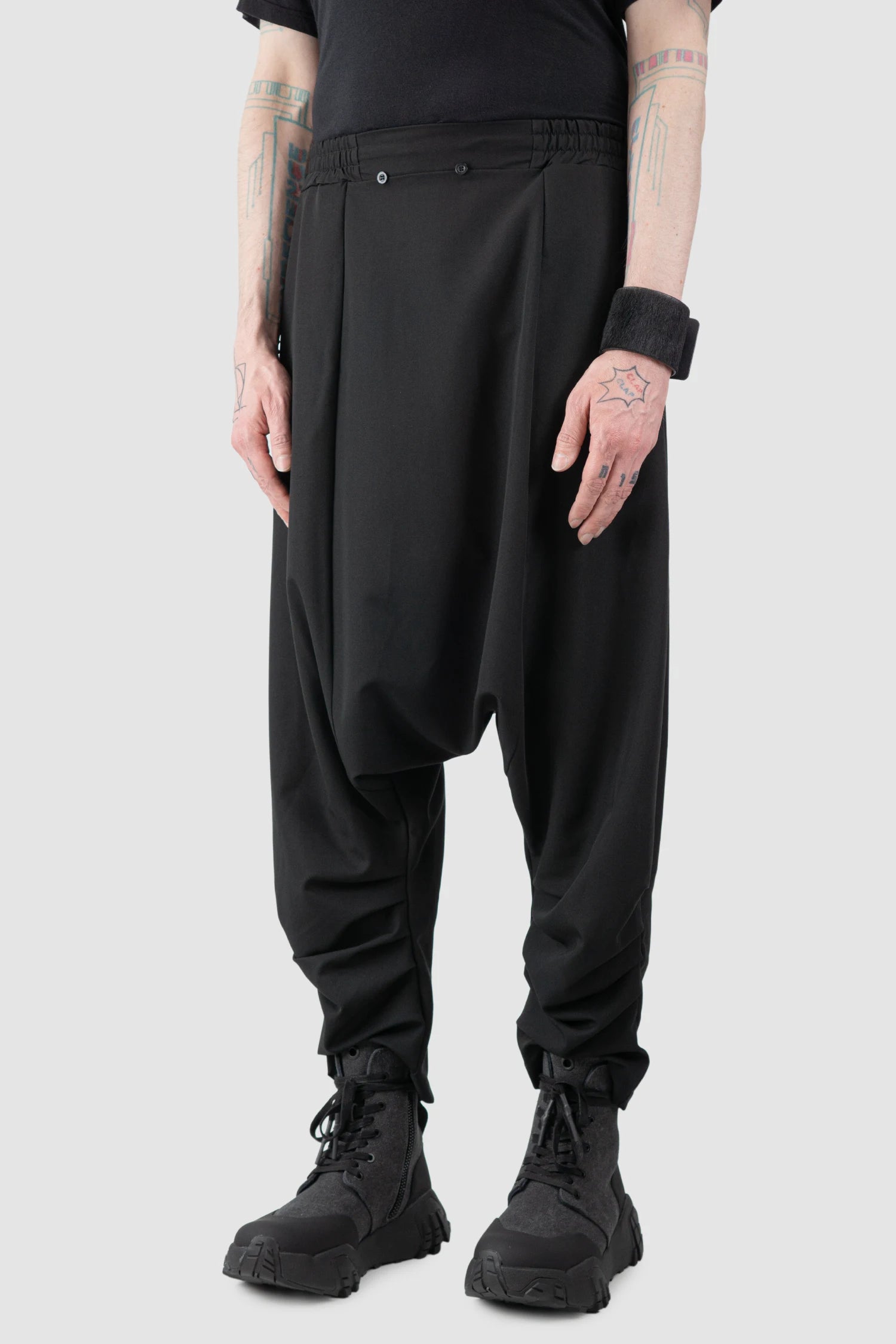 La Haine Inside Us - Men’s Black Low Crotch Trousers with Detachable Skirt model side without skirt view