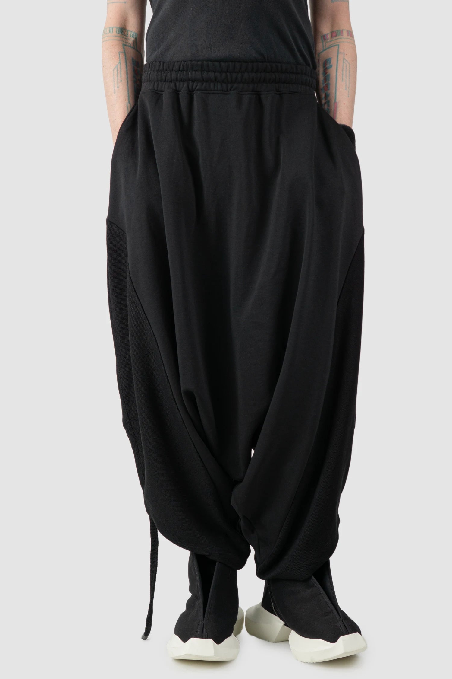 La Haine Inside Us - Men's Black Structured Baggy Cotton Fleece Pants - model relaxed view La Haine Inside Us - Men's Black Structured Baggy Cotton Fleece Pants - model relaxed view