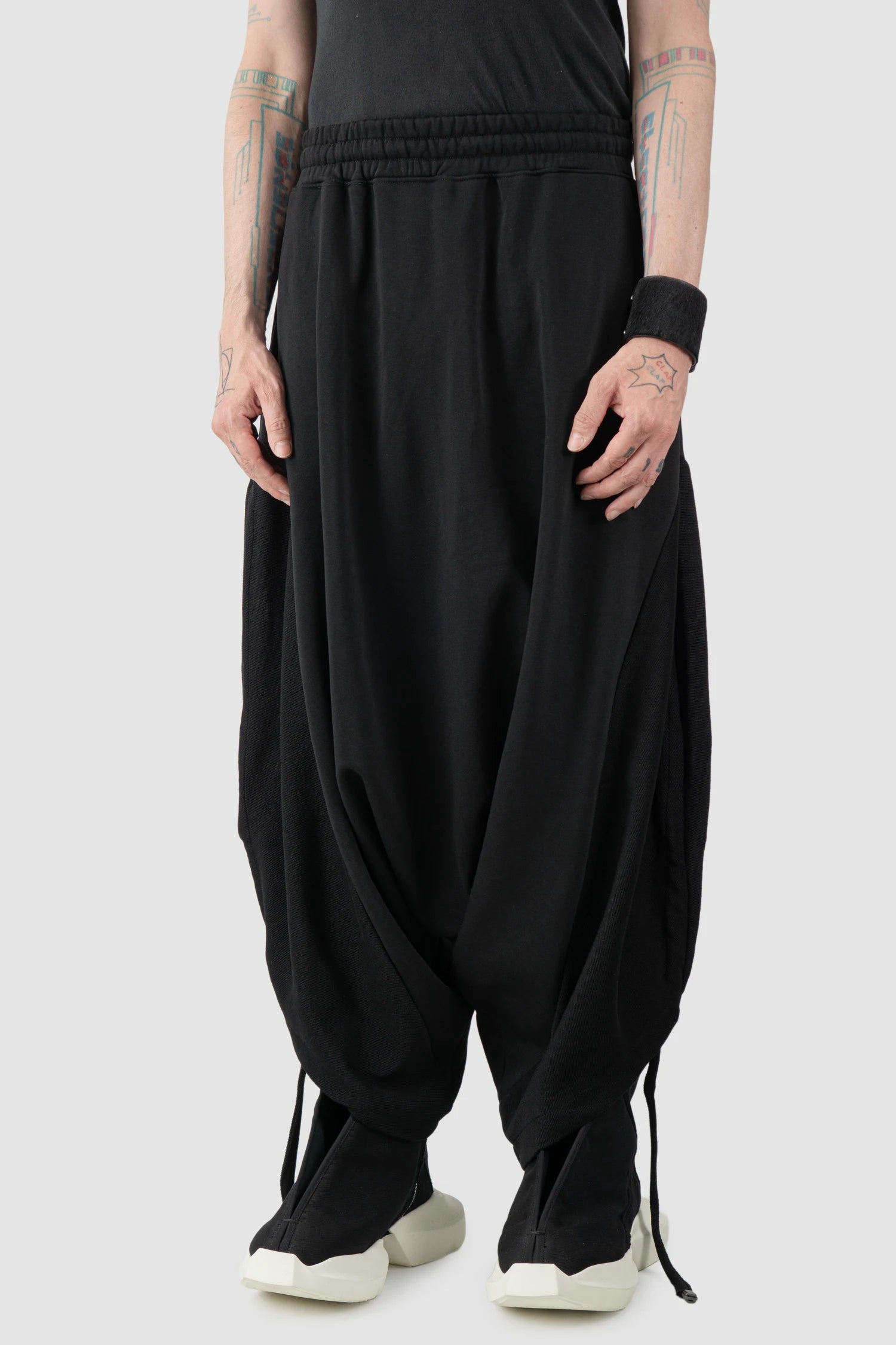 La Haine Inside Us - Men's Black Structured Baggy Cotton Fleece Pants - model side view - MONO-KROM | Gallery La Haine Inside Us - Men's Black Structured Baggy Cotton Fleece Pants - model side view - MONO-KROM | Gallery