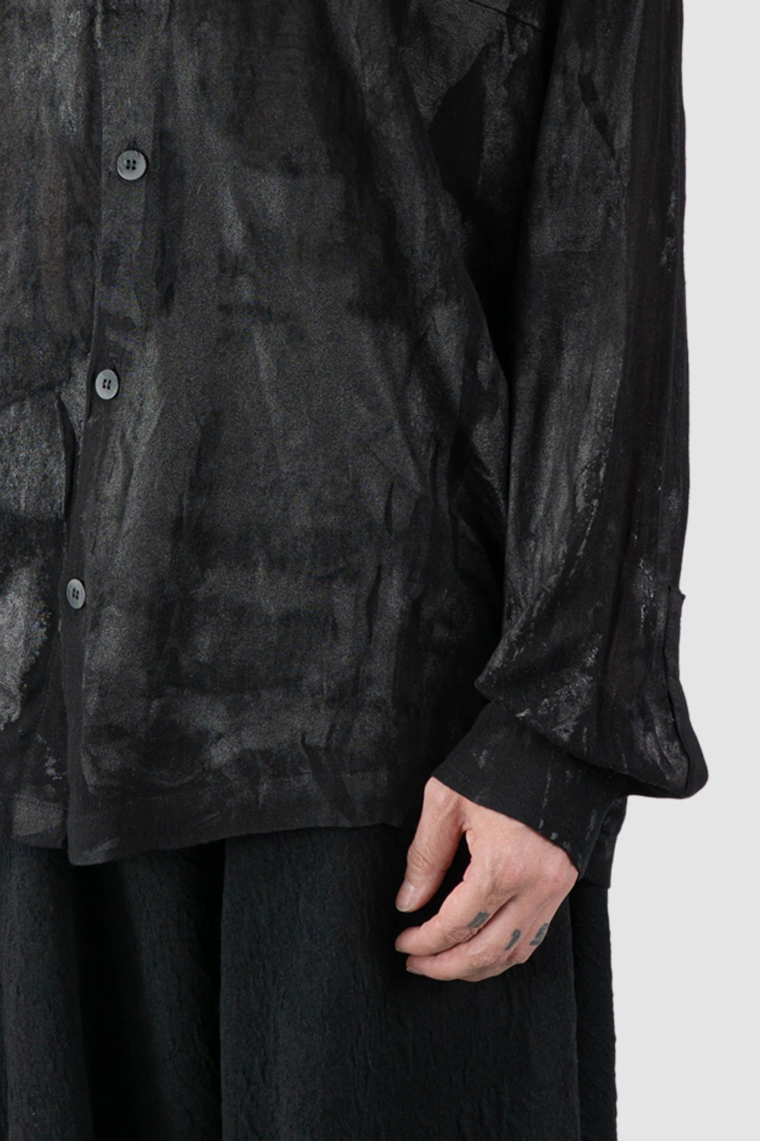La Haine Inside Us - Men's Black Waxed Mandarin Collar Viscose Shirt - cuff detail view La Haine Inside Us - Men's Black Waxed Mandarin Collar Viscose Shirt - cuff detail view