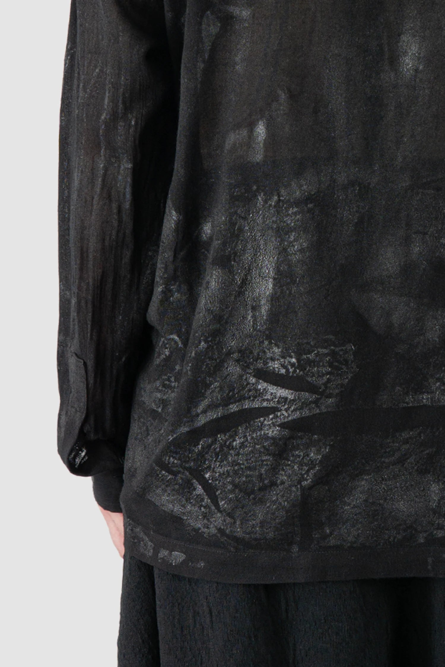 La Haine Inside Us - Men's Black Waxed Mandarin Collar Viscose Shirt - hem detail view La Haine Inside Us - Men's Black Waxed Mandarin Collar Viscose Shirt - hem detail view
