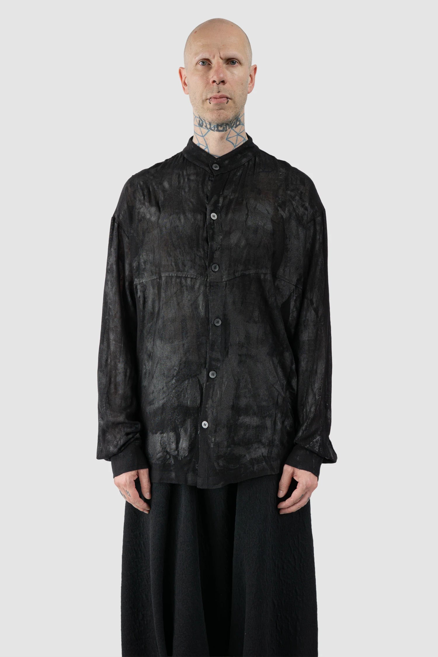 La Haine Inside Us - Men's Black Waxed Mandarin Collar Viscose Shirt - model front view - MONO-KROM | Gallery La Haine Inside Us - Men's Black Waxed Mandarin Collar Viscose Shirt - model front view - MONO-KROM | Gallery