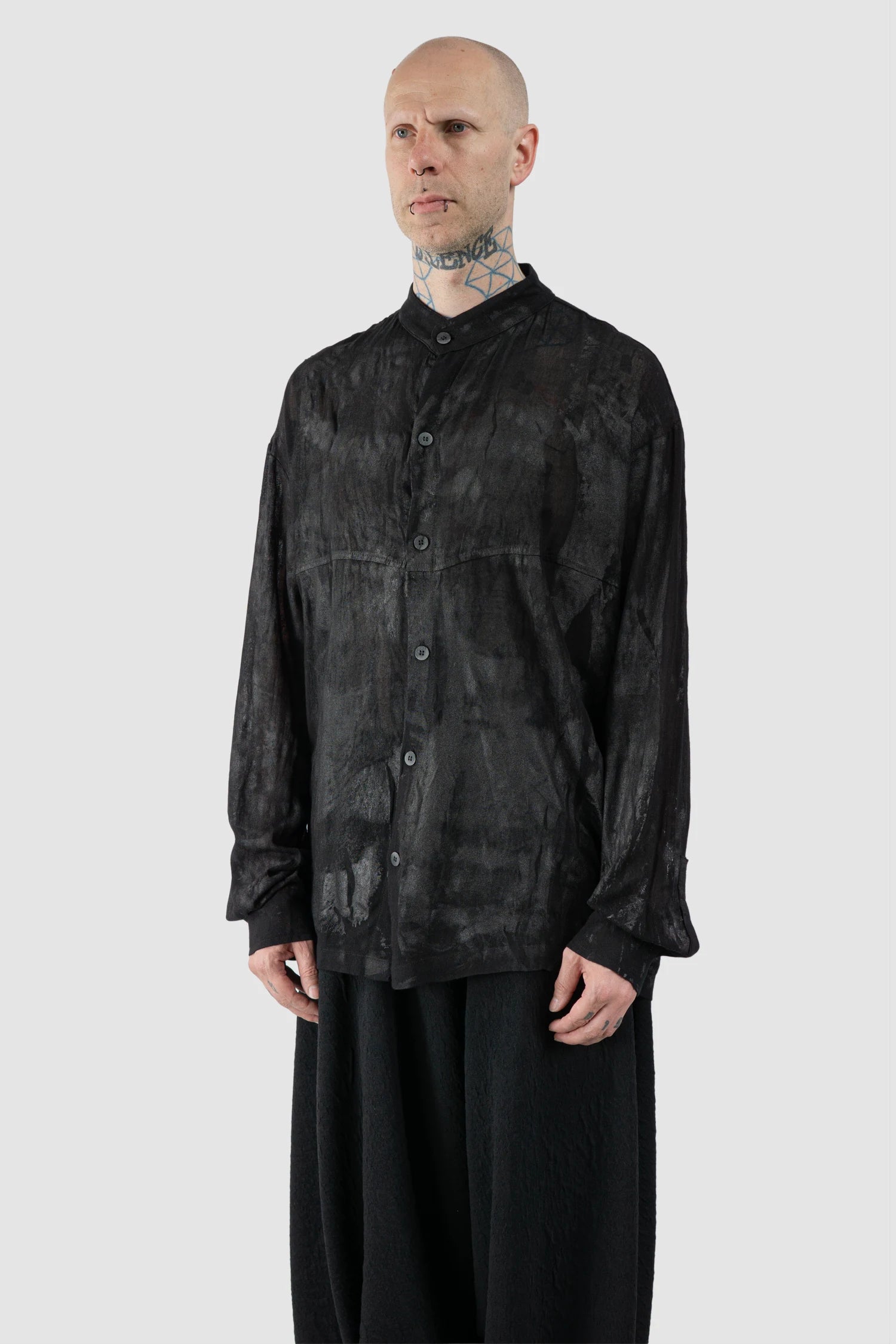La Haine Inside Us - Men's Black Waxed Mandarin Collar Viscose Shirt - model side view - MONO-KROM | Gallery La Haine Inside Us - Men's Black Waxed Mandarin Collar Viscose Shirt - model side view - MONO-KROM | Gallery
