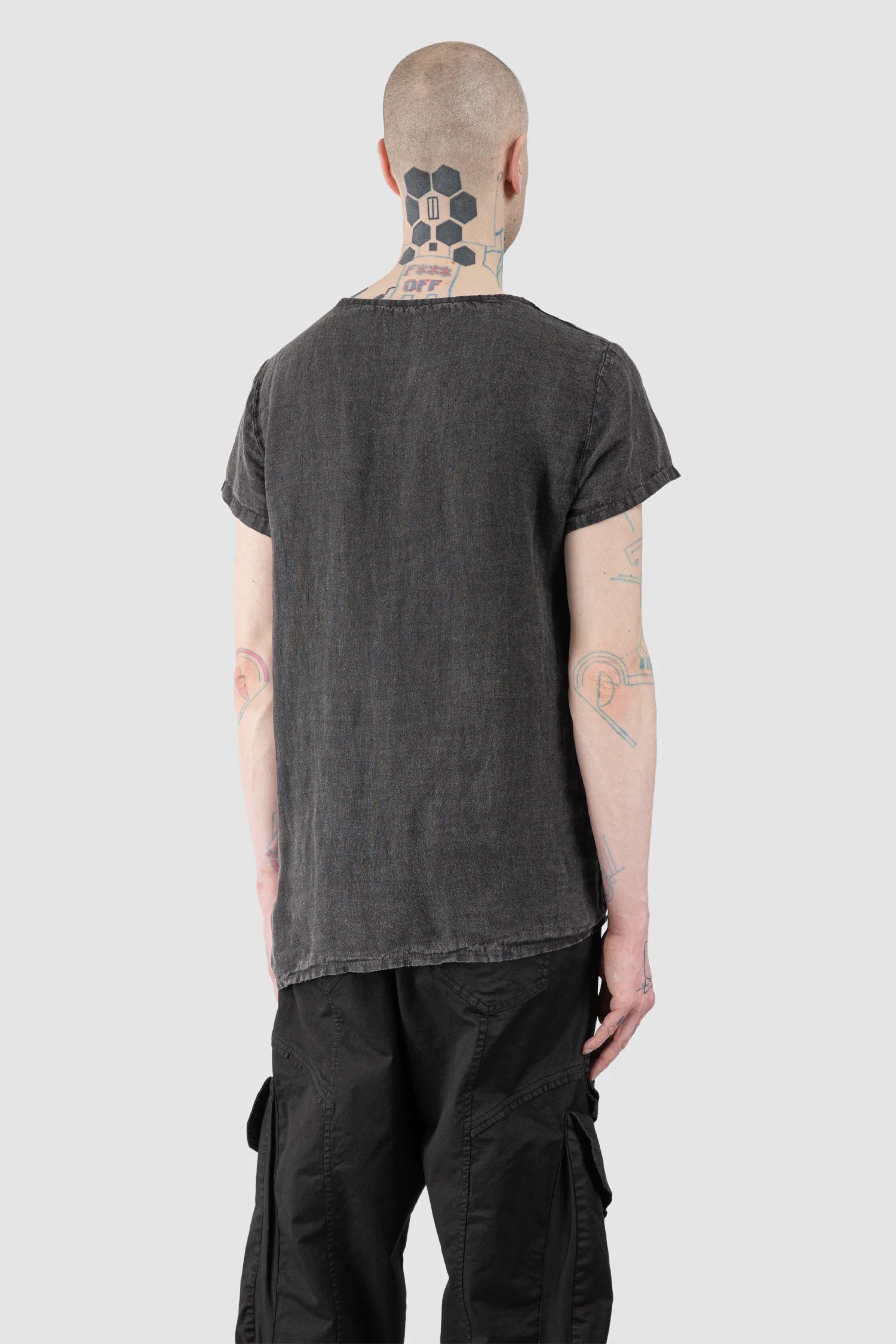 La Haine Inside Us - Men’s Dark Grey Marmorized Asymmetrical Linen T-Shirt model back side view