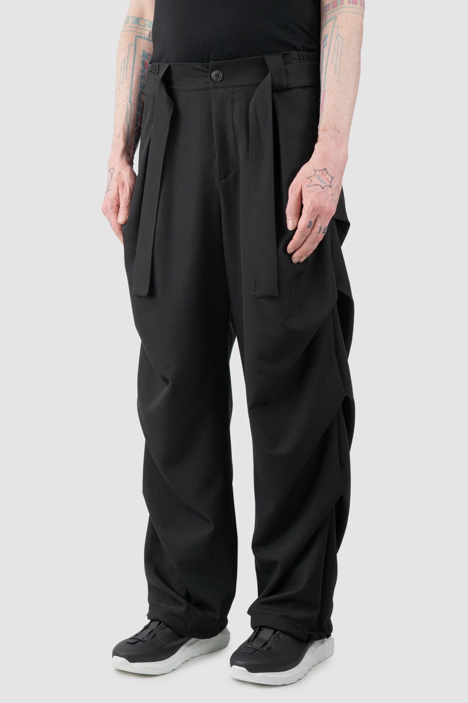 La Haine Inside Us - Men’s Black Guttered Fluid Stretch Trousers open leg 2 view