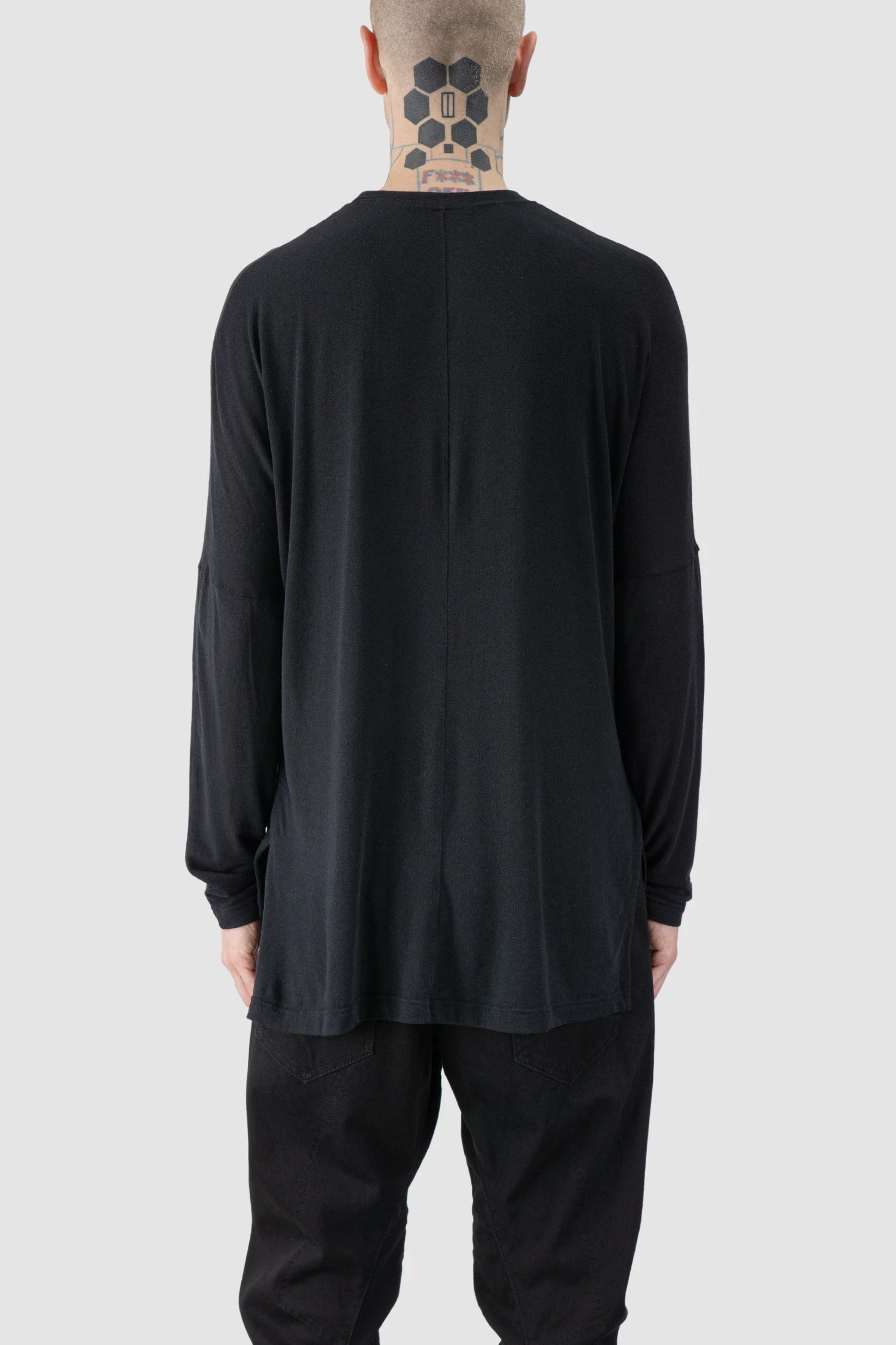 La Haine Inside Us - model back view of men’s FW25 Black Elongated long sleeve Cashmere Blend T-Shirt