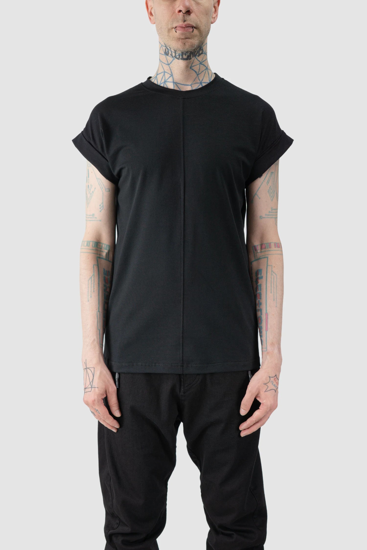 La Haine Inside Us - model front view of men’s FW25 Black Front Seam Elastic Cotton T-Shirt