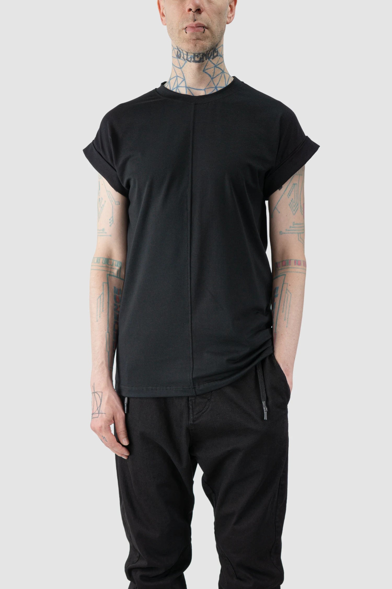 La Haine Inside Us - model front relaxed view of men’s FW25 Black Front Seam Elastic Cotton T-Shirt