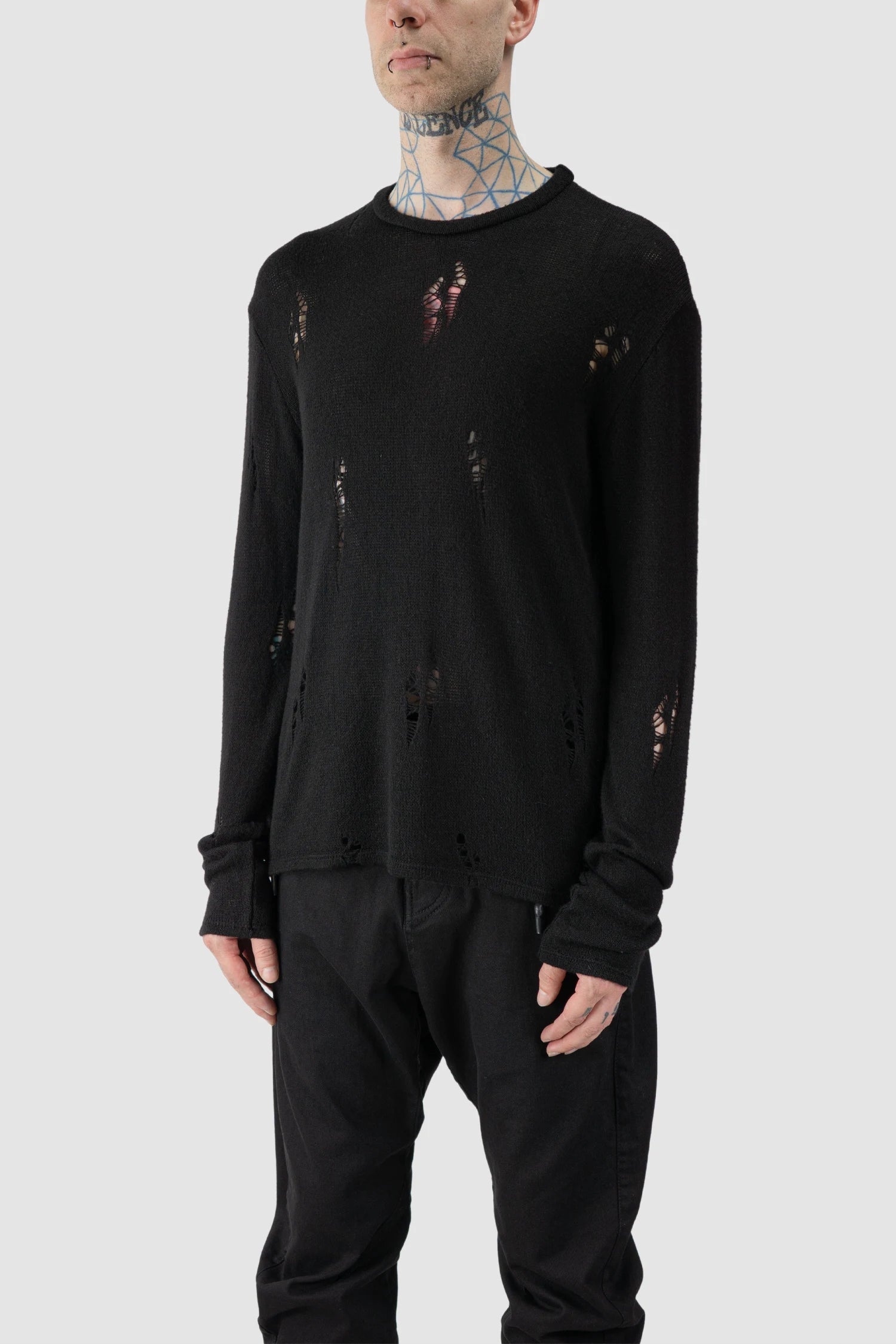 La Haine Inside Us - model front side view of men’s FW25 Black Irregular Destroyed Viscose Blend Knit Sweatshirt