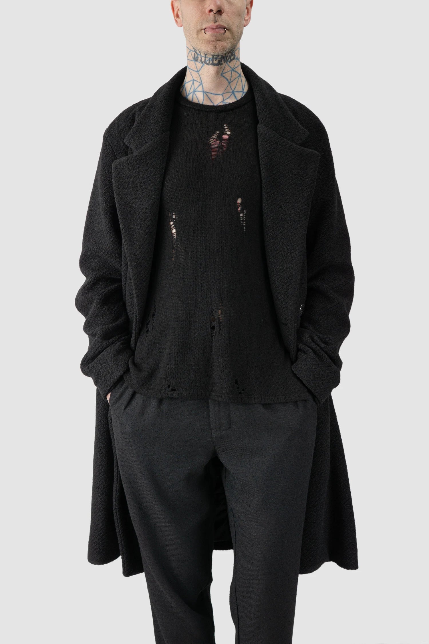 La Haine Inside Us - open front view of men’s FW25 Black Long Wool Blend Coat with 2-Button Closure