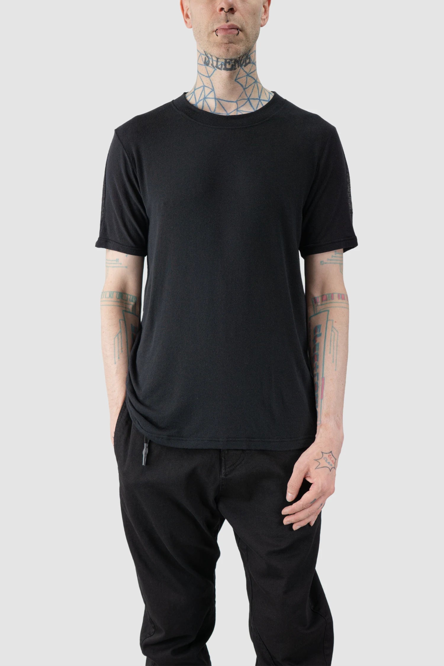 La Haine Inside Us - model front relaxed view of men’s FW25 Black Relaxed Cashmere Blend T-Shirt