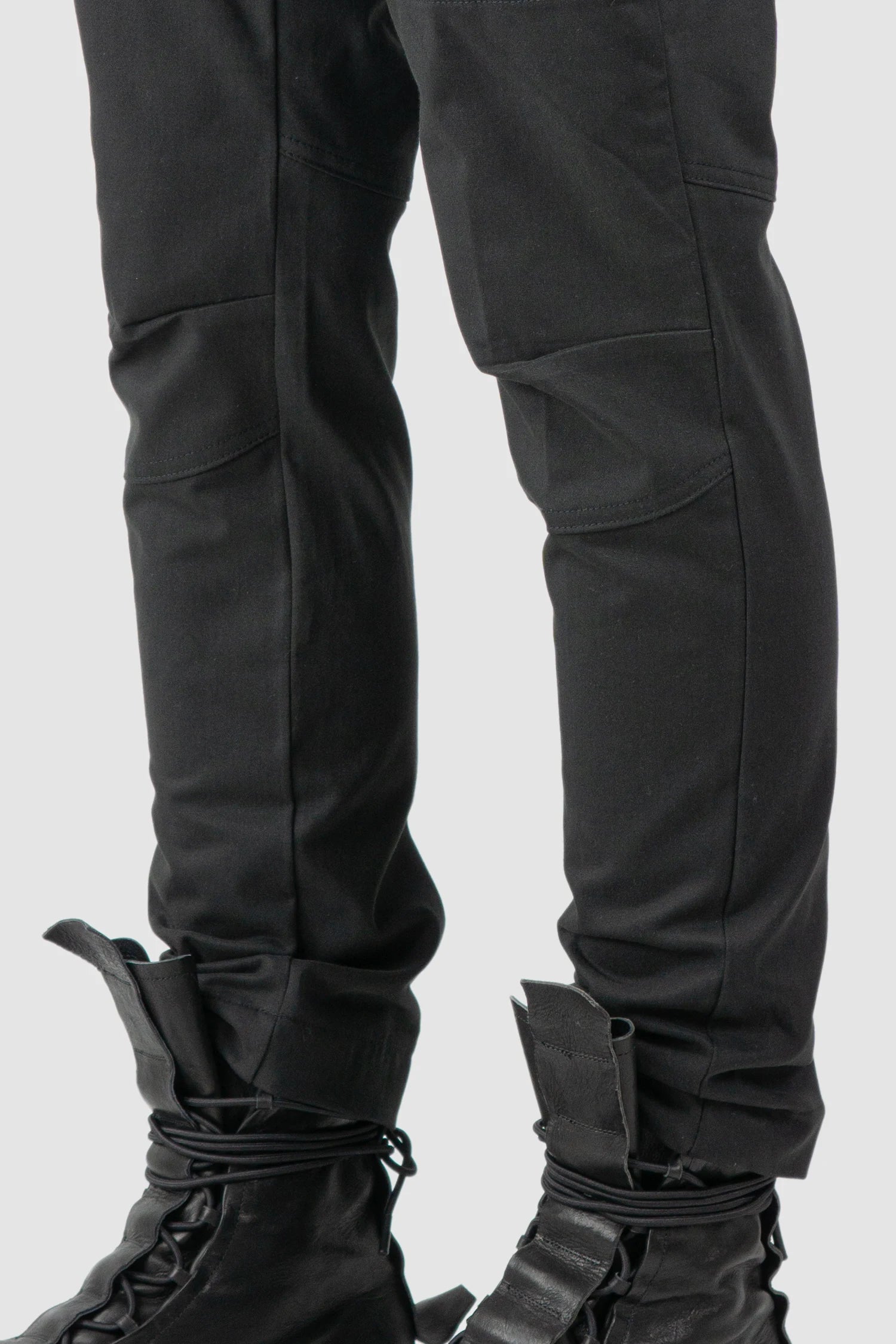 La Haine Inside Us - hem detail view of men’s FW25 Black Slim Fit Stretch Cotton Cargo Trousers