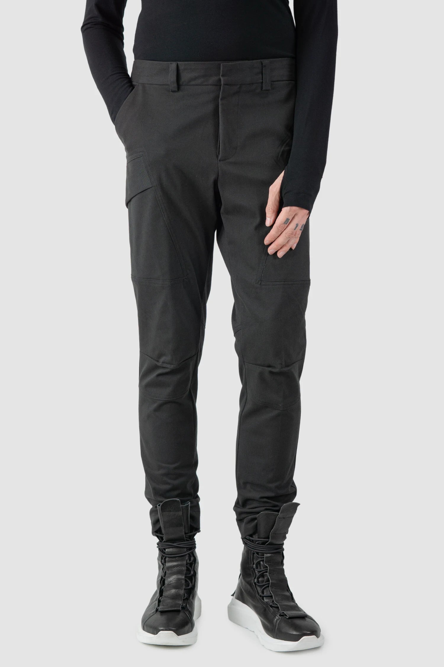 La Haine Inside Us - model front relaxed view of men’s FW25 Black Slim Fit Stretch Cotton Cargo Trousers
