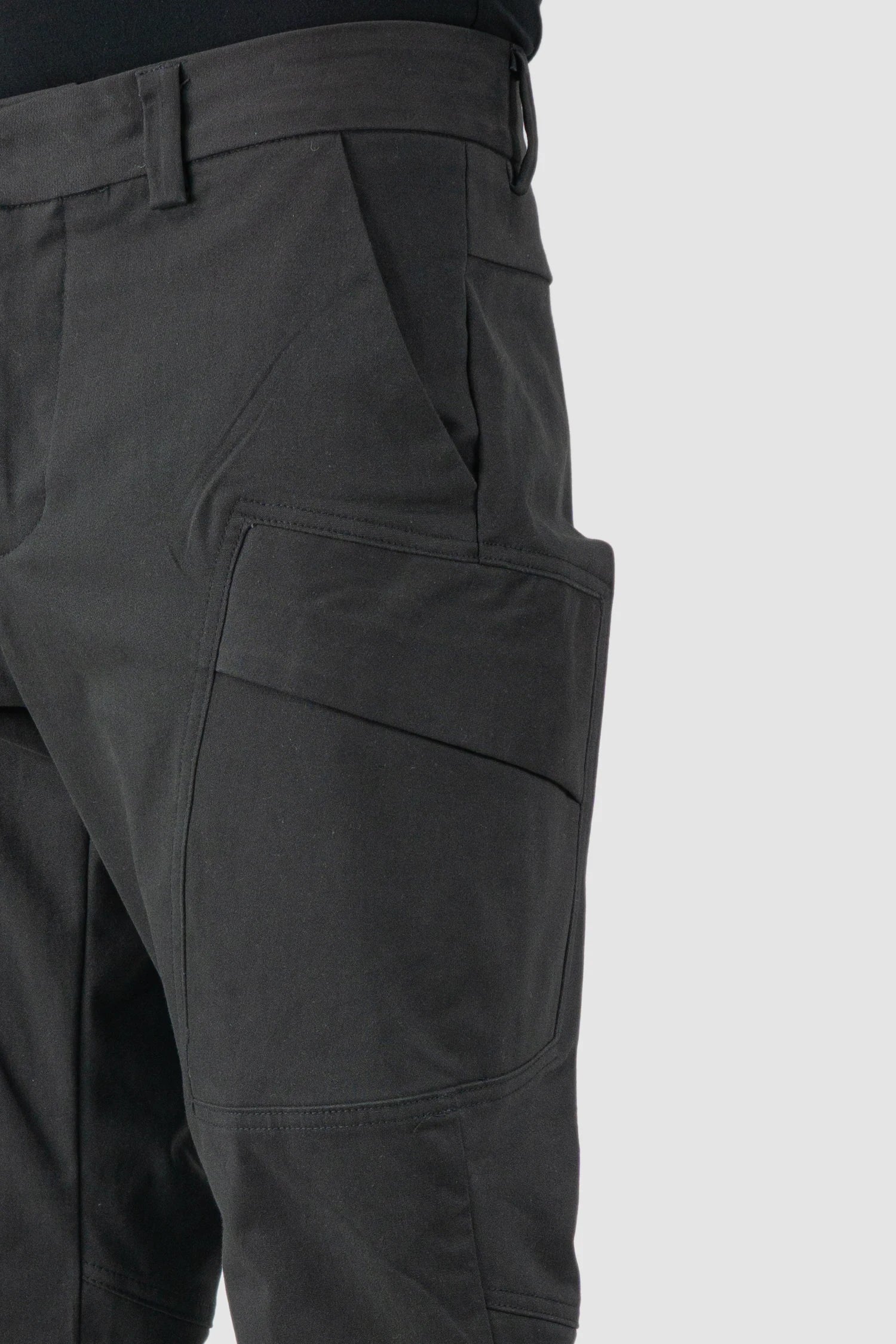 La Haine Inside Us - pocket detail view of men’s FW25 Black Slim Fit Stretch Cotton Cargo Trousers