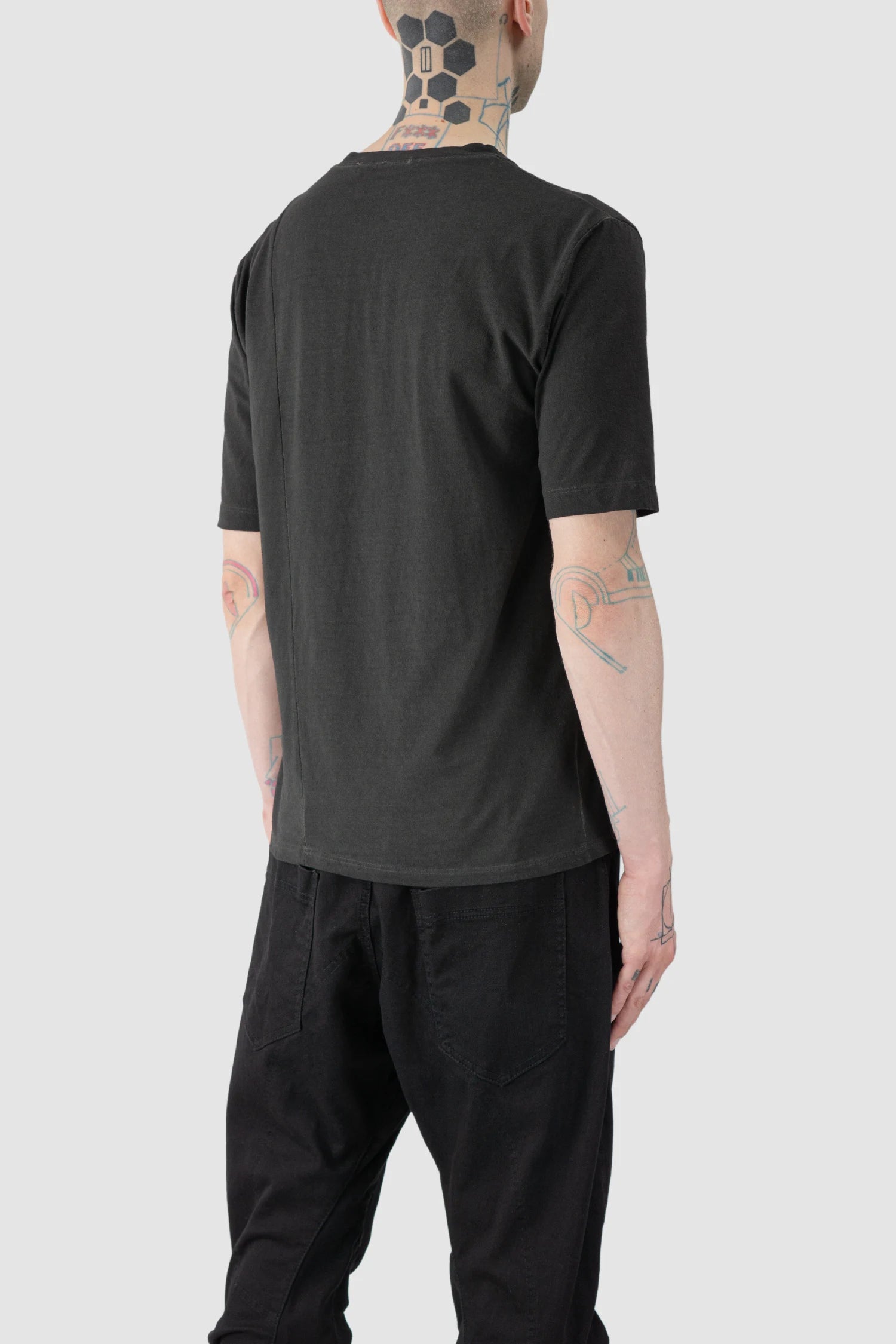 La Haine Inside Us - model back side view of men’s FW25 Grey Dyed Elastic Cotton T-Shirt