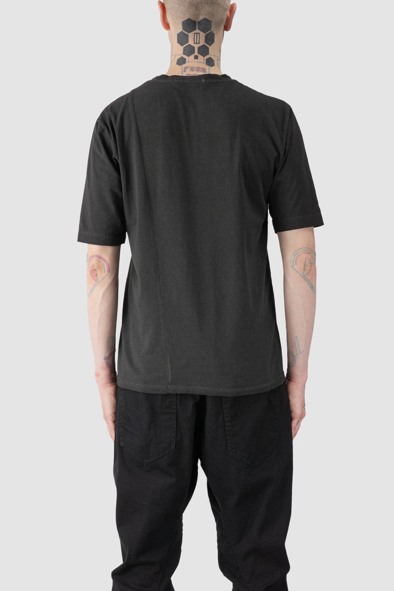 La Haine Inside Us - model back view of men’s FW25 Grey Dyed Elastic Cotton T-Shirt