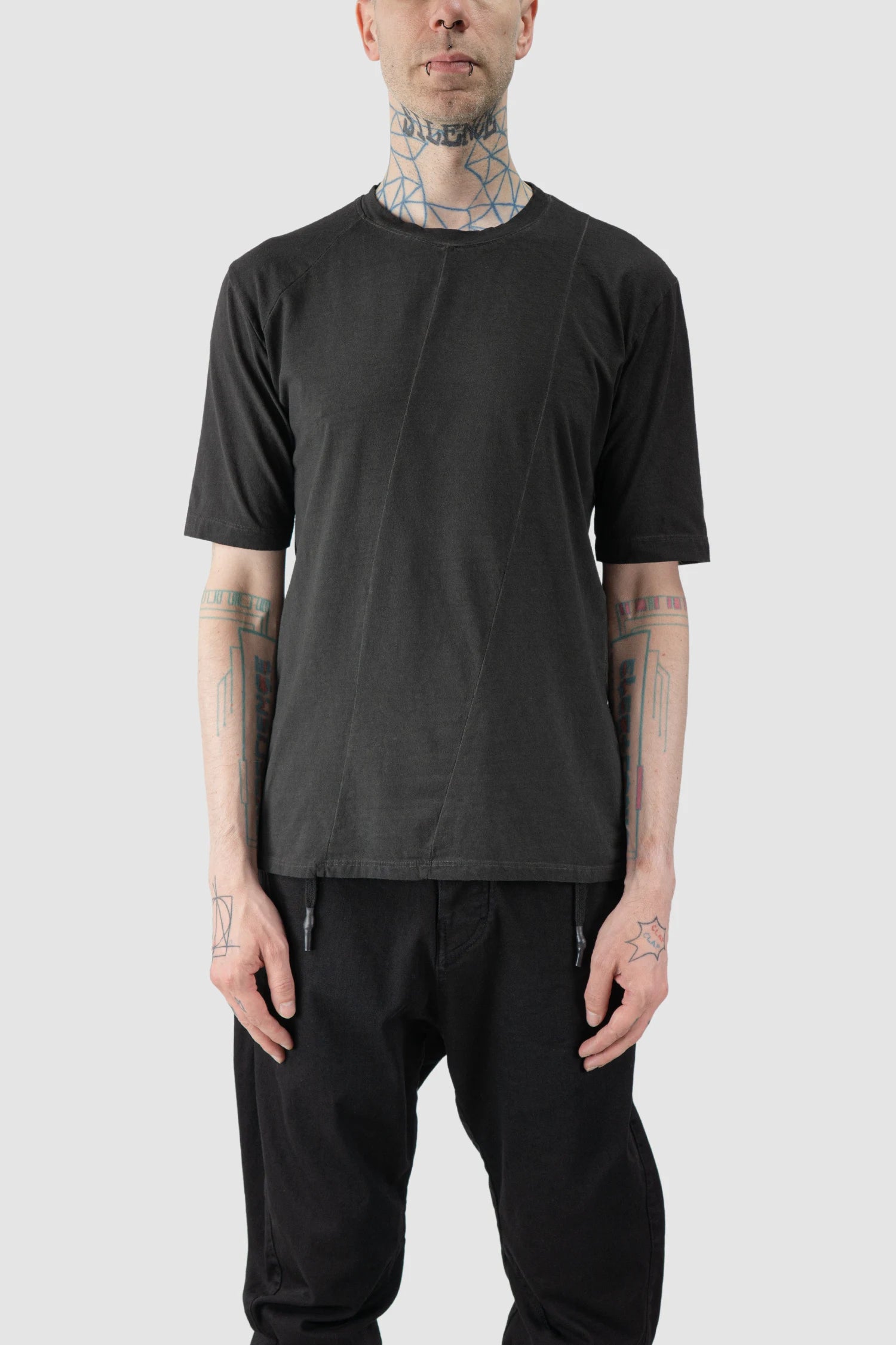 La Haine Inside Us - model front view of men’s FW25 Grey Dyed Elastic Cotton T-Shirt