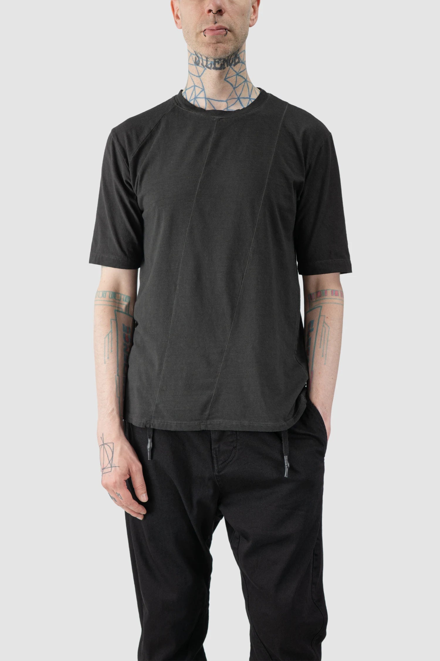 La Haine Inside Us - model front relaxed view of men’s FW25 Grey Dyed Elastic Cotton T-Shirt