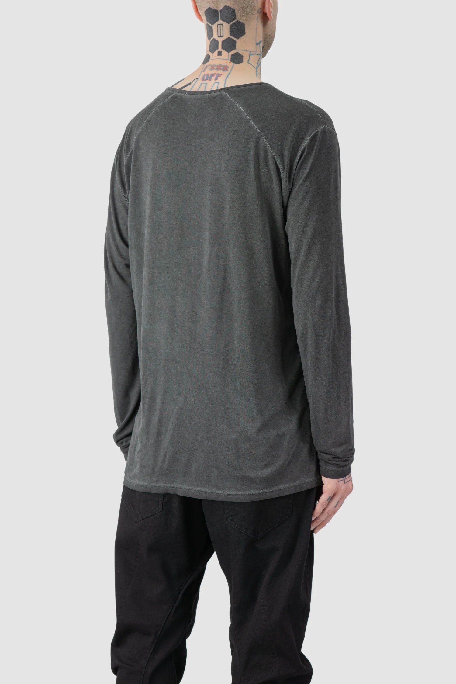 La Haine Inside Us - model back side view of men’s FW25 Grey Object Dyed Soft Lyocell Long Sleeve