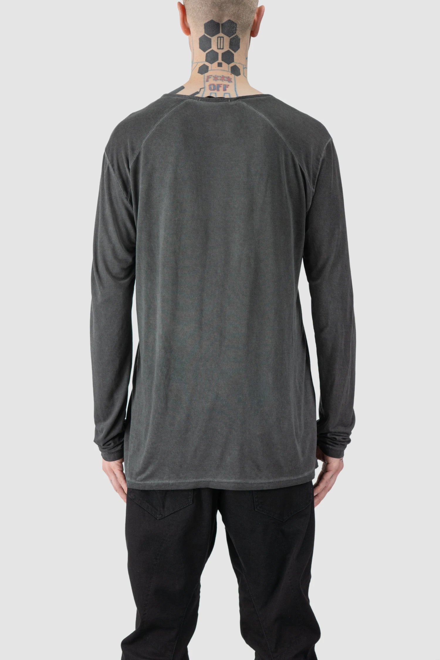 La Haine Inside Us - model back view of men’s FW25 Grey Object Dyed Soft Lyocell Long Sleeve