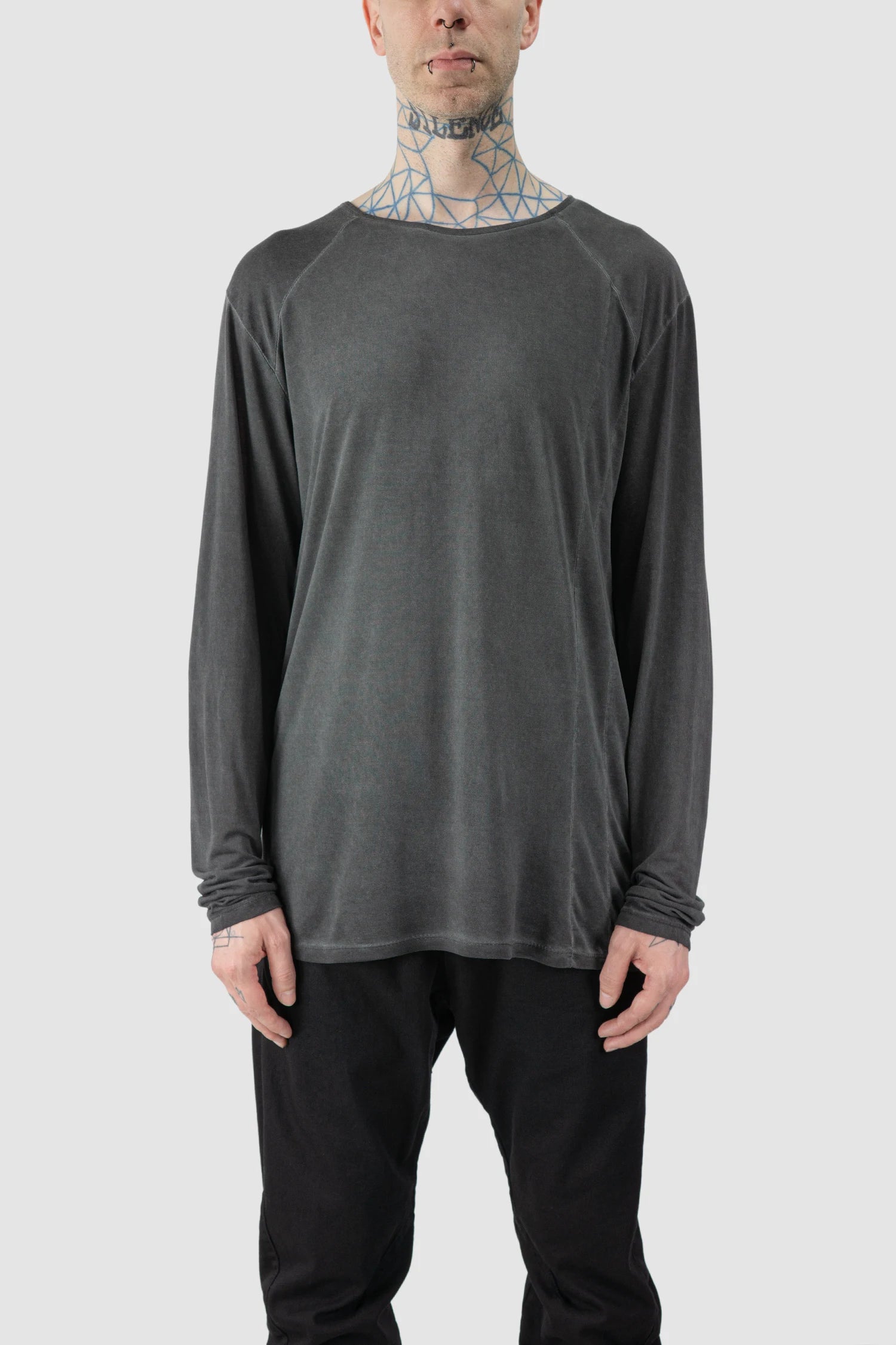 La Haine Inside Us - model front view of men’s FW25 Grey Object Dyed Soft Lyocell Long Sleeve