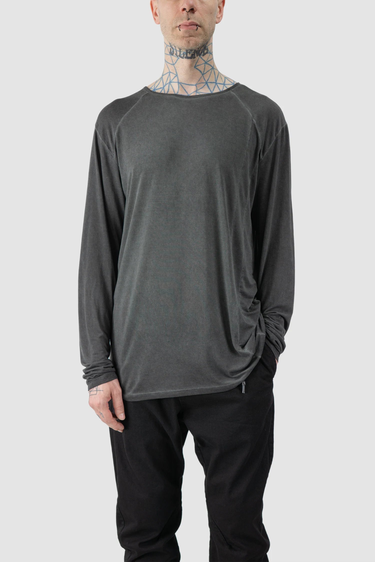 La Haine Inside Us - model front relaxed view of men’s FW25 Grey Object Dyed Soft Lyocell Long Sleeve