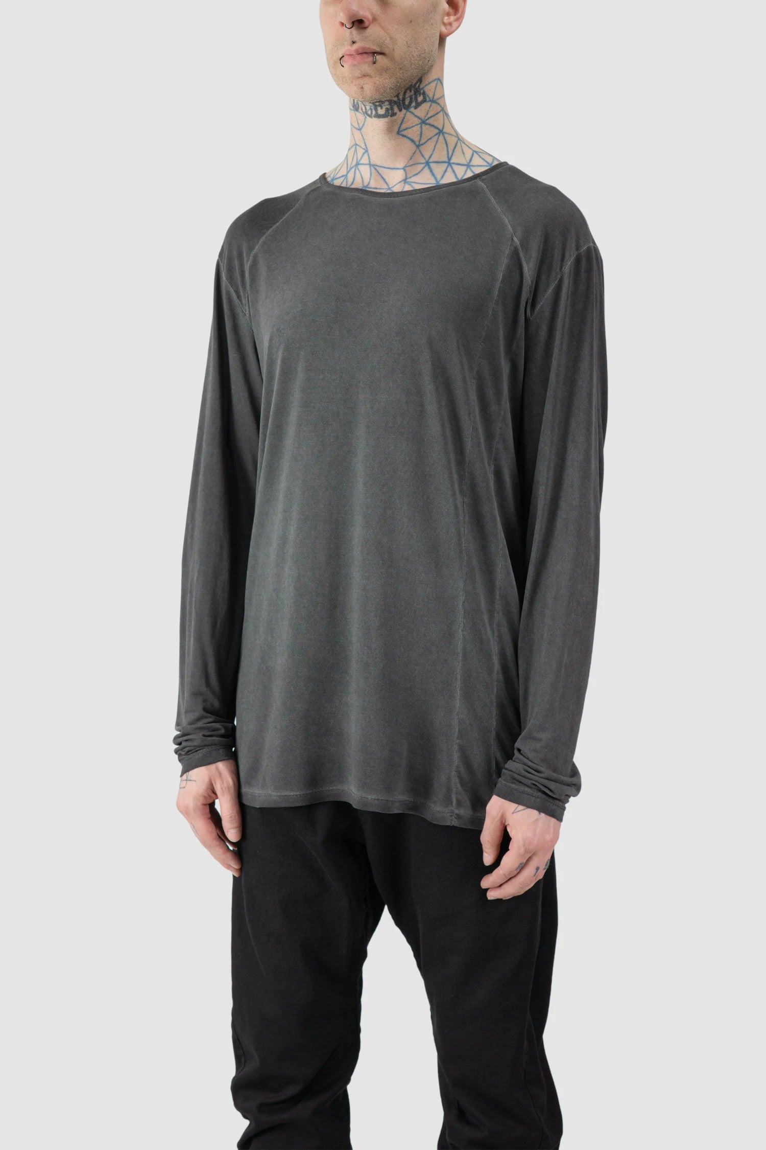 La Haine Inside Us - model front side view of men’s FW25 Grey Object Dyed Soft Lyocell Long Sleeve