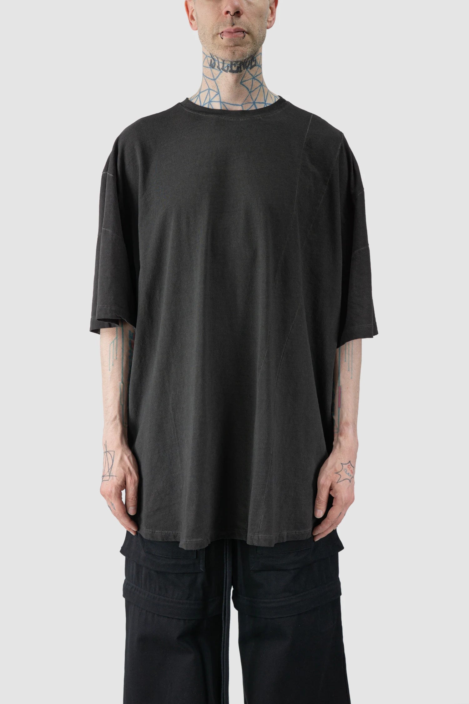 La Haine Inside Us - model front view of men’s FW25 Grey Oversized Garment Dyed Cotton T-Shirt