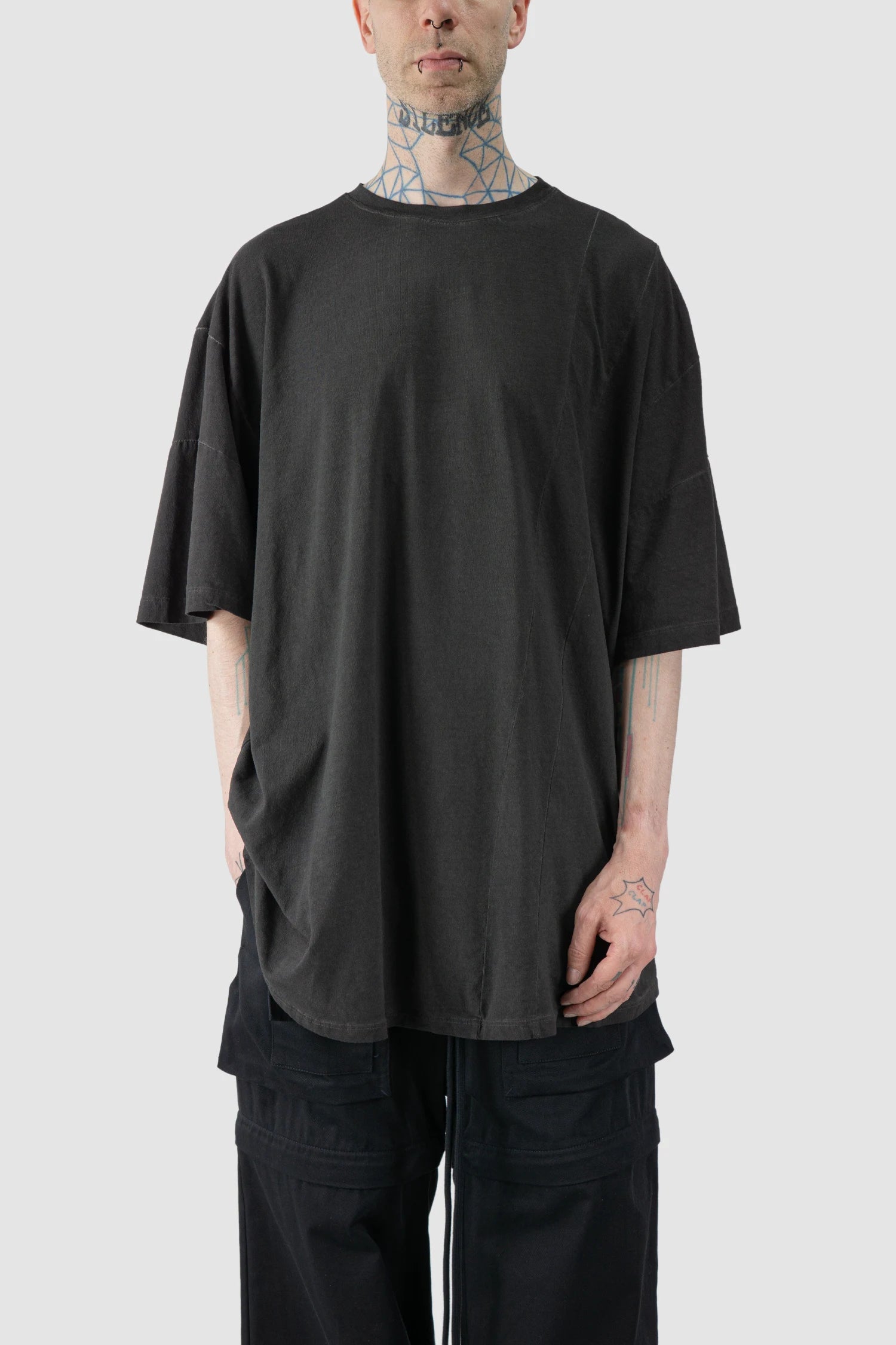 La Haine Inside Us - model front relaxed view of men’s FW25 Grey Oversized Garment Dyed Cotton T-Shirt
