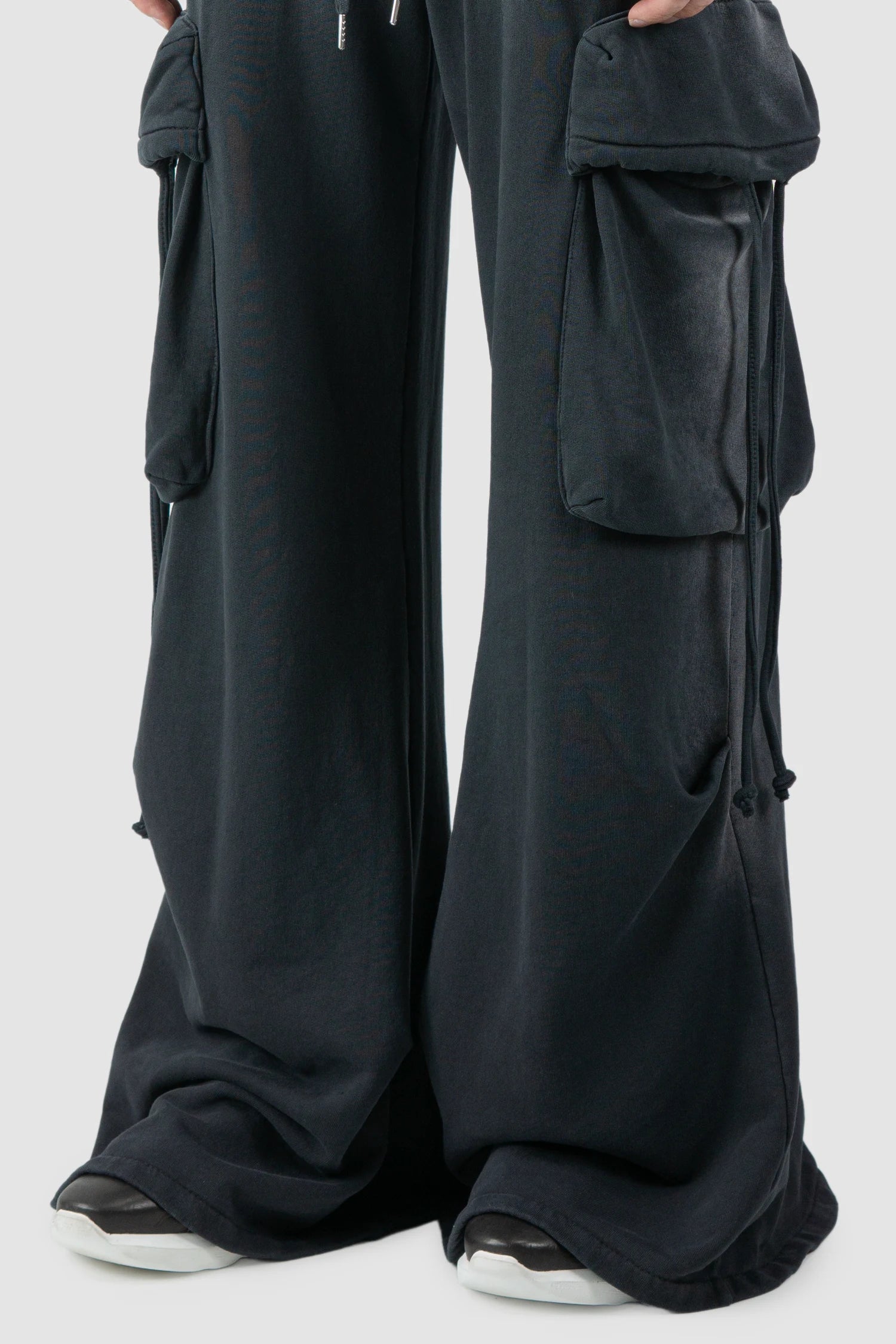 La Haine Inside Us - hem detail view of men’s FW25 Grey Sprayed Cotton Wide Leg Cargo Jogger Pants