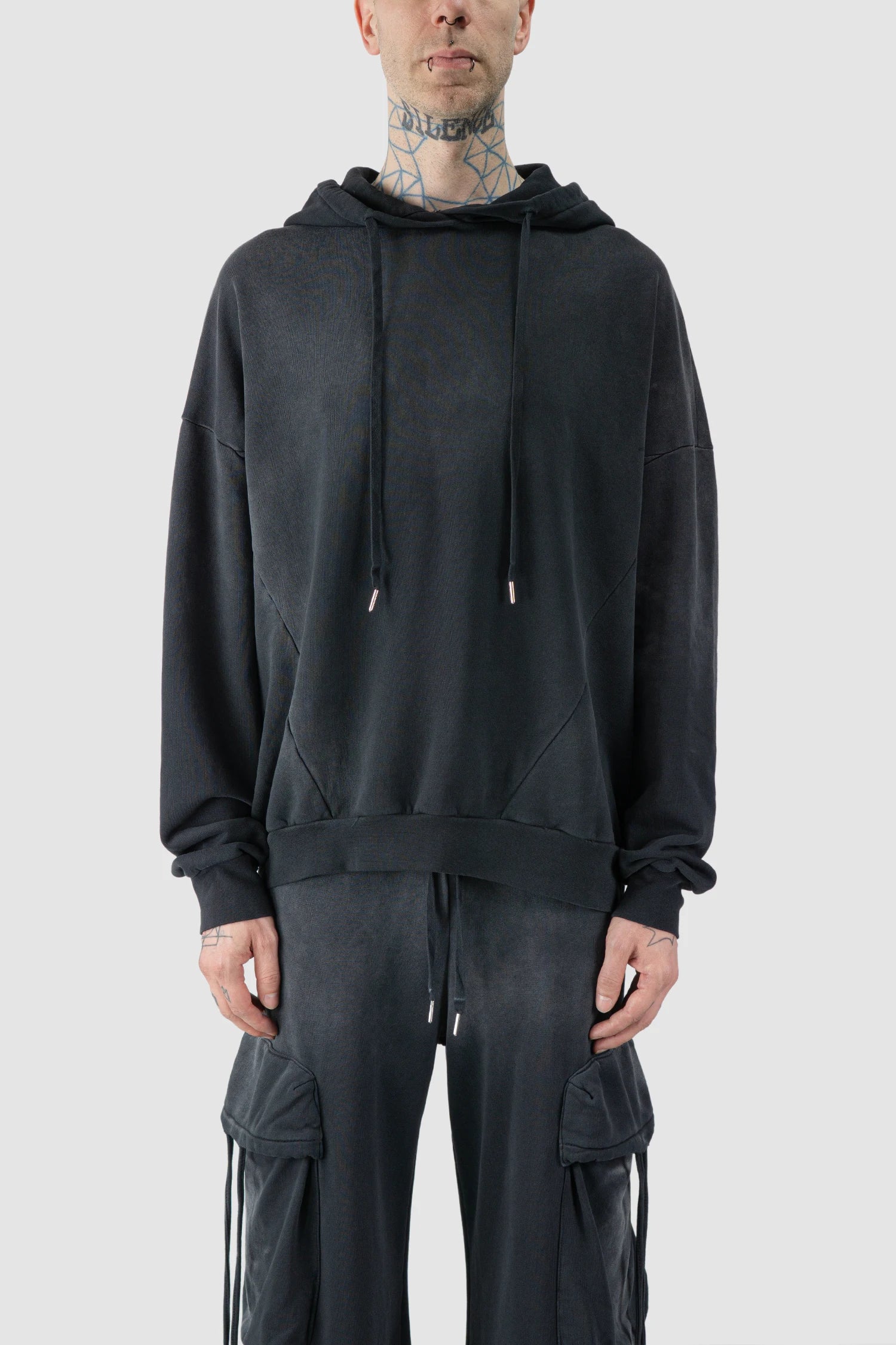 La Haine Inside Us - model front view of men’s FW25 Grey Sprayed Degrade Cotton Hooded Sweater