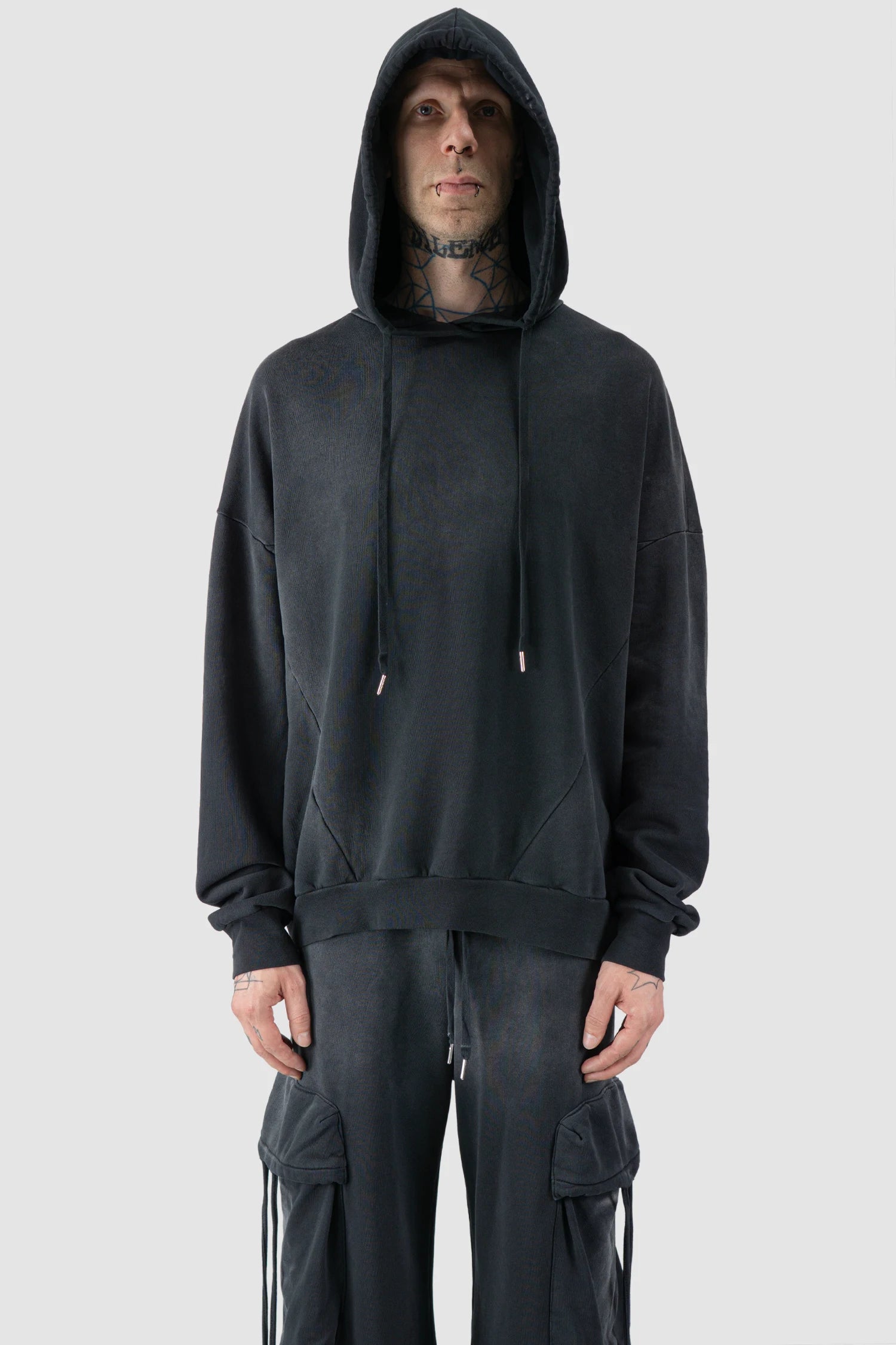 La Haine Inside Us - model hooded view of men’s FW25 Grey Sprayed Degrade Cotton Hooded Sweater