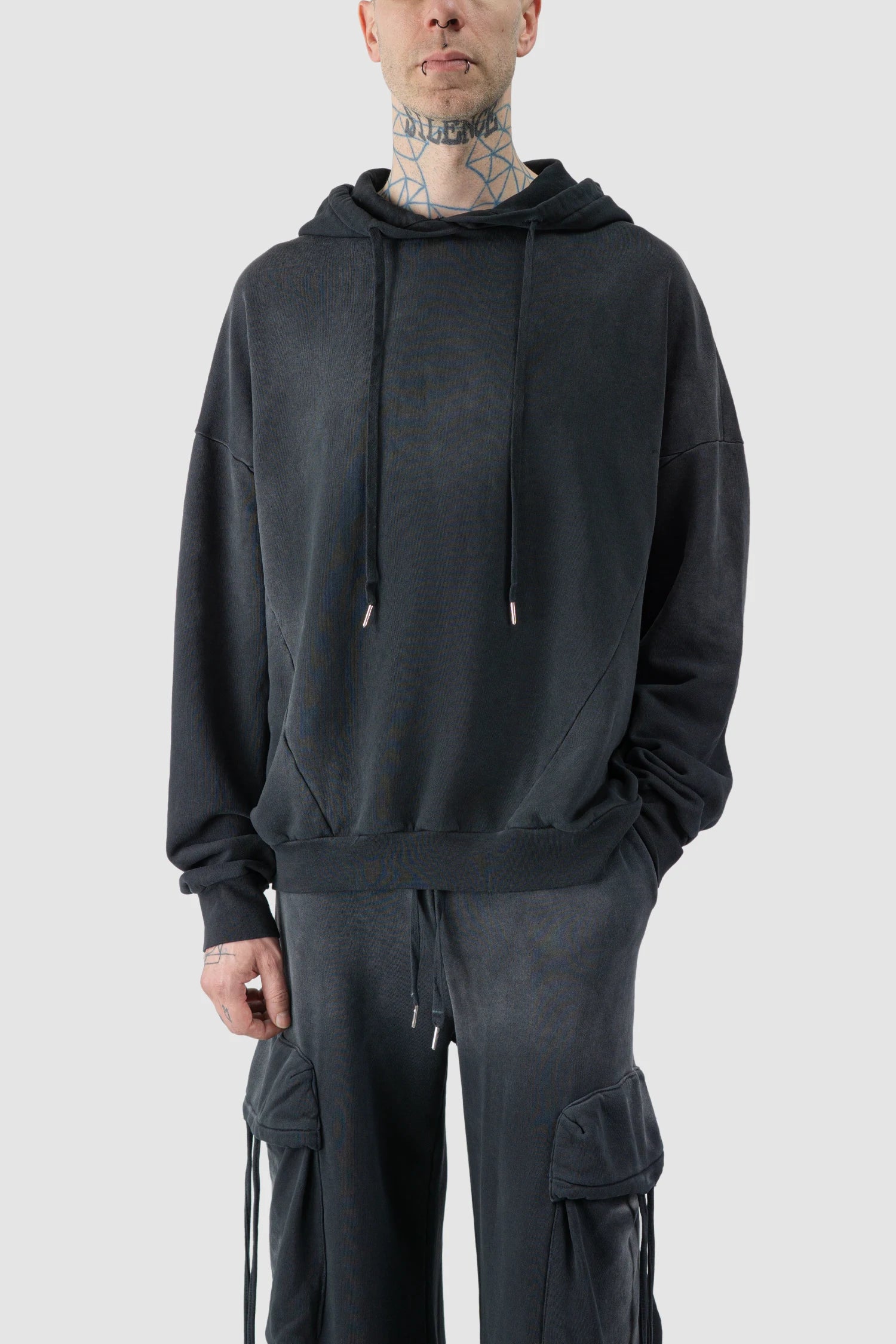 La Haine Inside Us - model front relaxed view of men’s FW25 Grey Sprayed Degrade Cotton Hooded Sweater