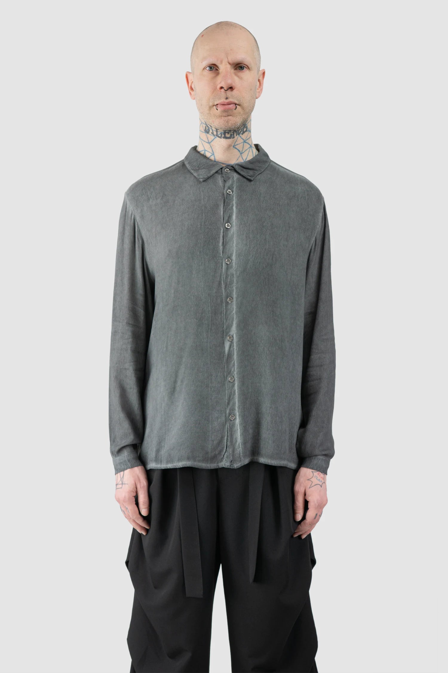La Haine Inside Us - Men’s Grey Cold Dyed Button Up Viscose Shirt model front view