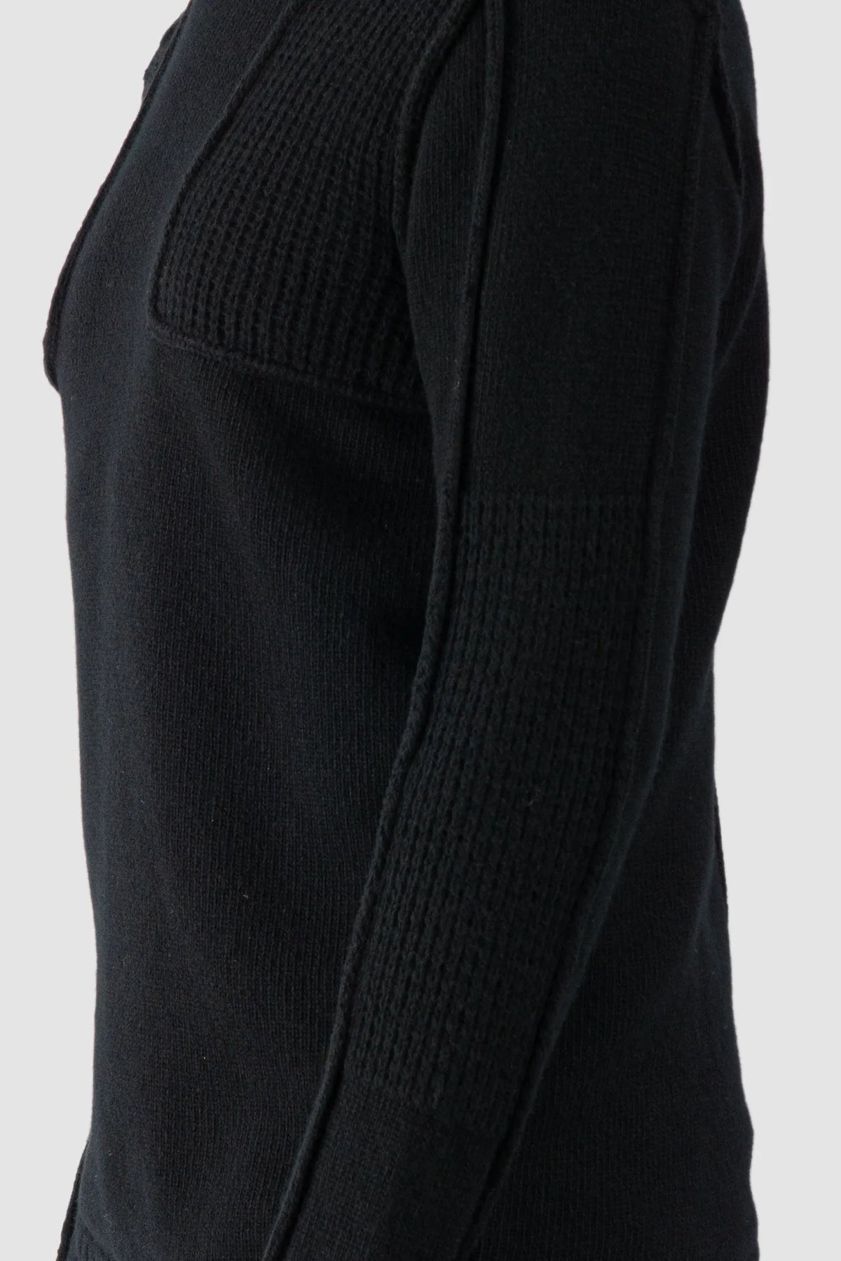 Masnada - Men's Black Lamb Wool Knit Sweater - arm detail view Masnada - Men's Black Lamb Wool Knit Sweater - arm detail view