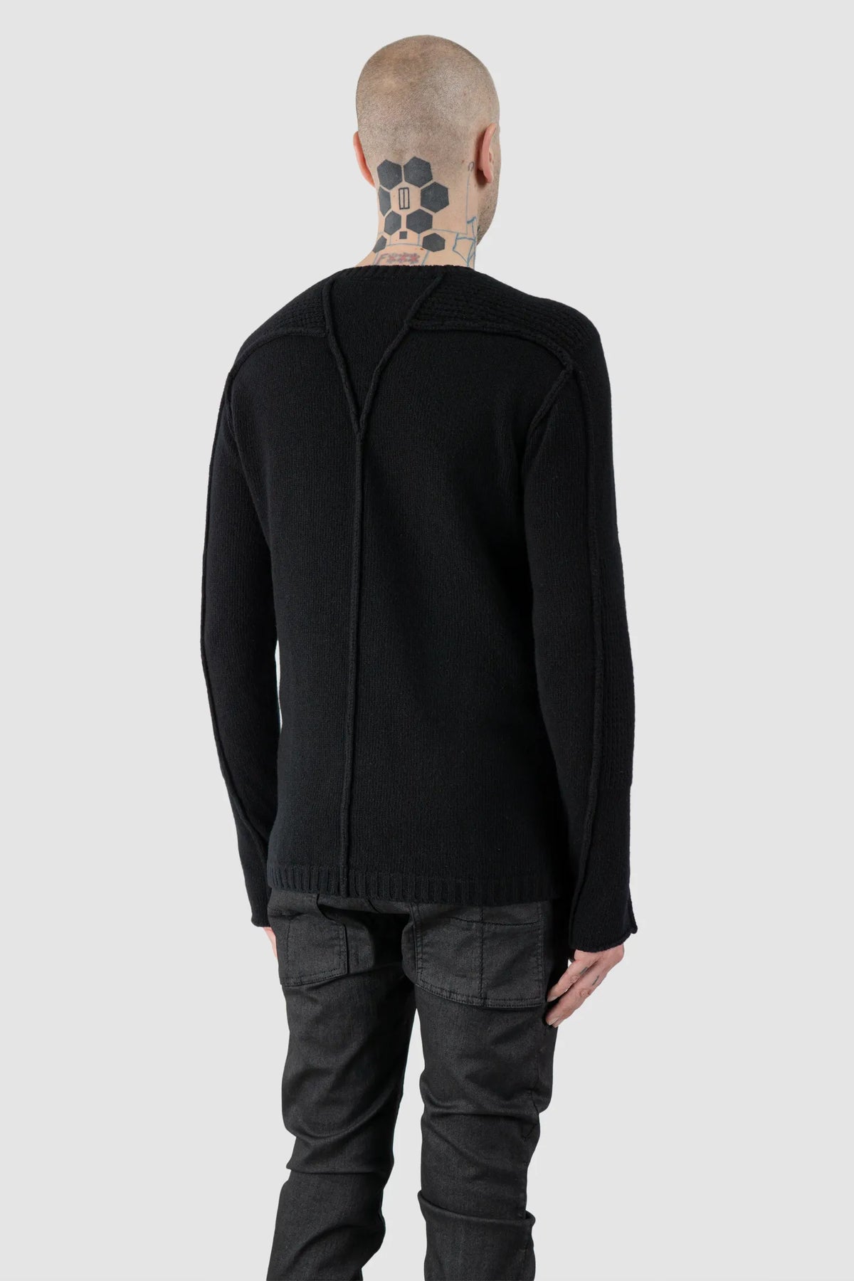 Masnada - Men's Black Lamb Wool Knit Sweater - model back side view Masnada - Men's Black Lamb Wool Knit Sweater - model back side view