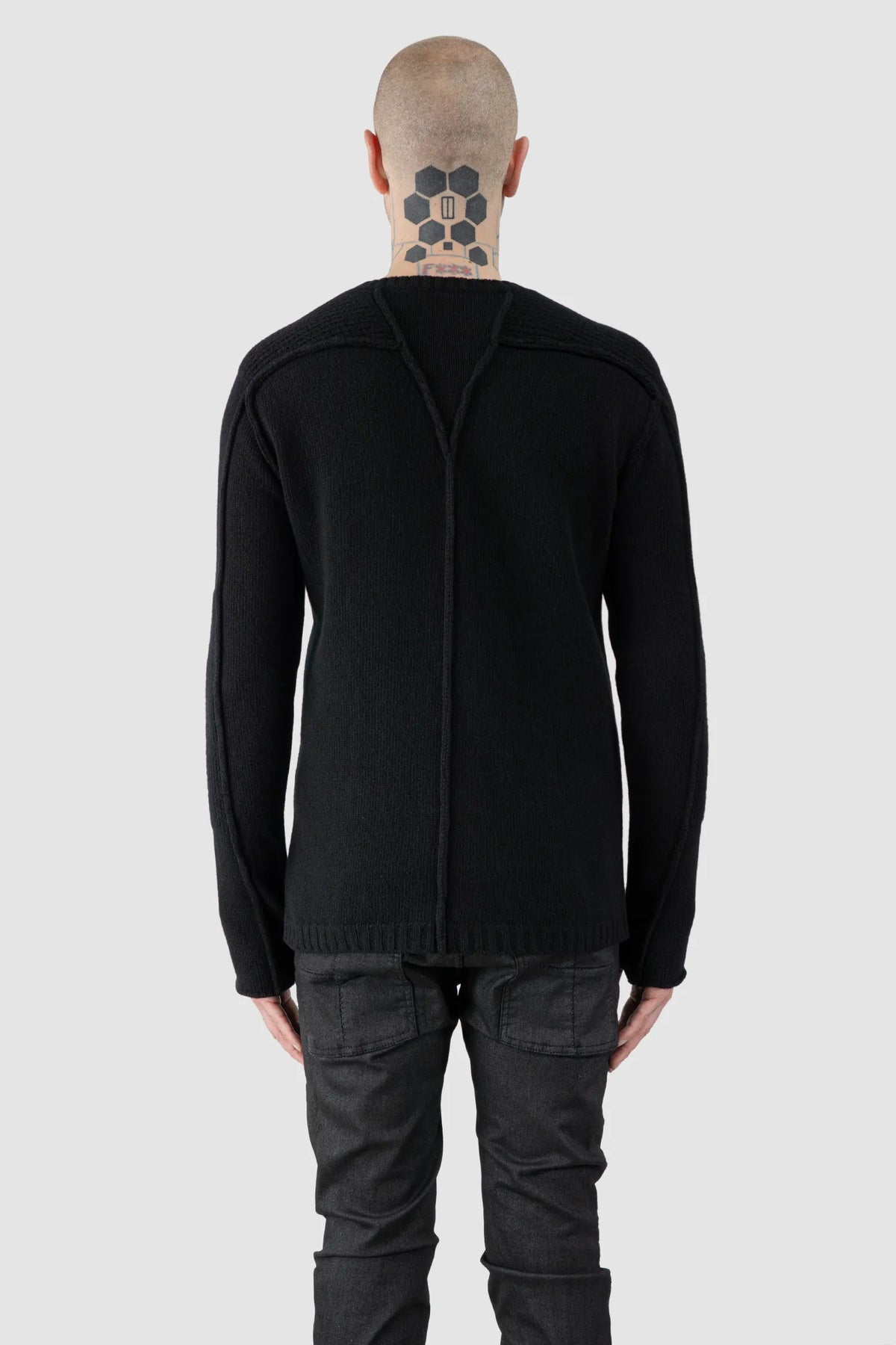 Masnada - Men's Black Lamb Wool Knit Sweater - model back view Masnada - Men's Black Lamb Wool Knit Sweater - model back view