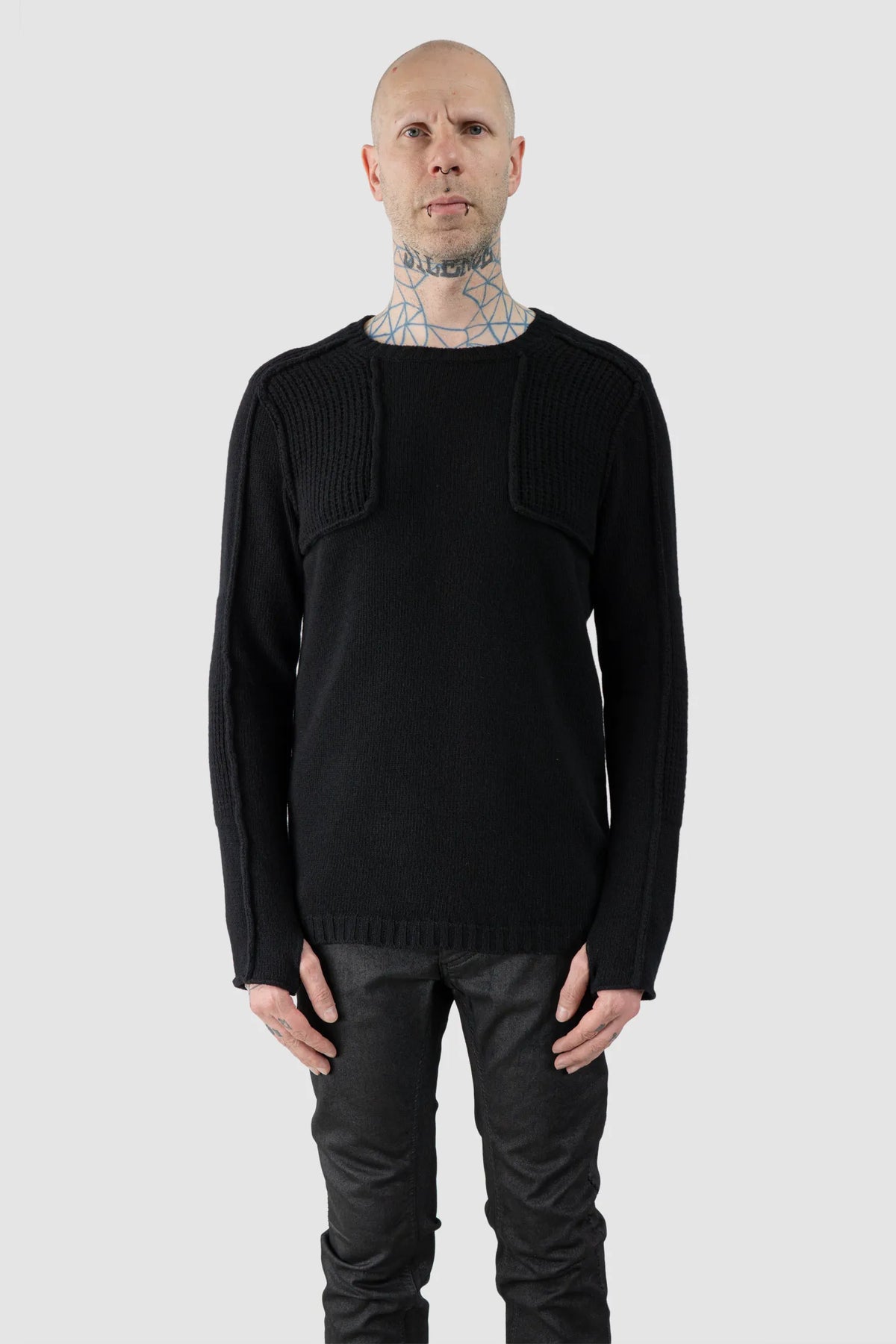 Masnada - Men's Black Lamb Wool Knit Sweater - model front view - MONO-KROM | Gallery Masnada - Men's Black Lamb Wool Knit Sweater - model front view - MONO-KROM | Gallery
