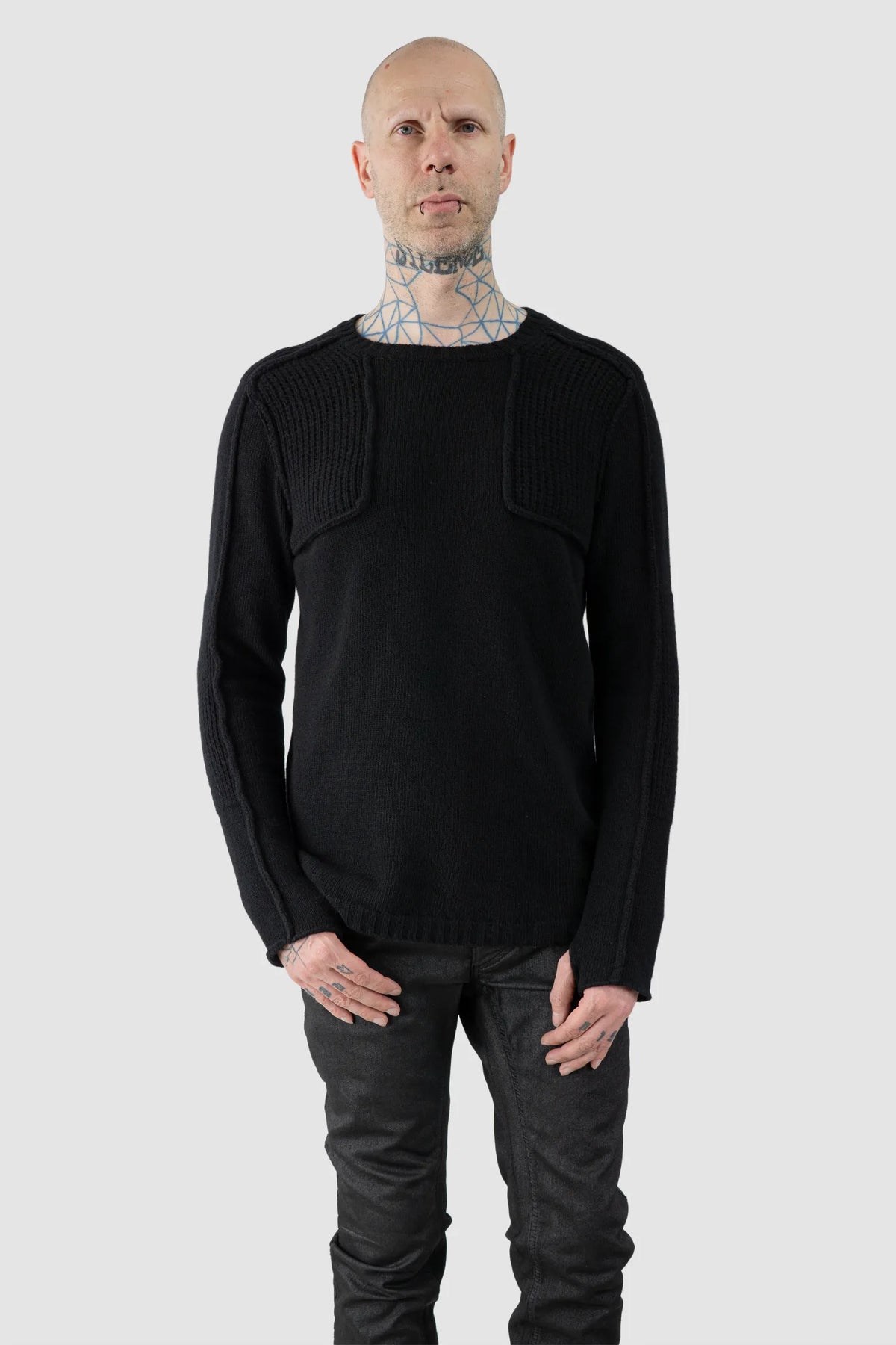 Masnada - Men's Black Lamb Wool Knit Sweater - model relaxed view Masnada - Men's Black Lamb Wool Knit Sweater - model relaxed view
