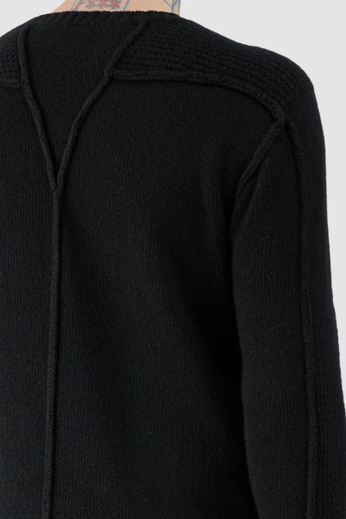 Masnada - Men's Black Lamb Wool Knit Sweater - neck detail view Masnada - Men's Black Lamb Wool Knit Sweater - neck detail view