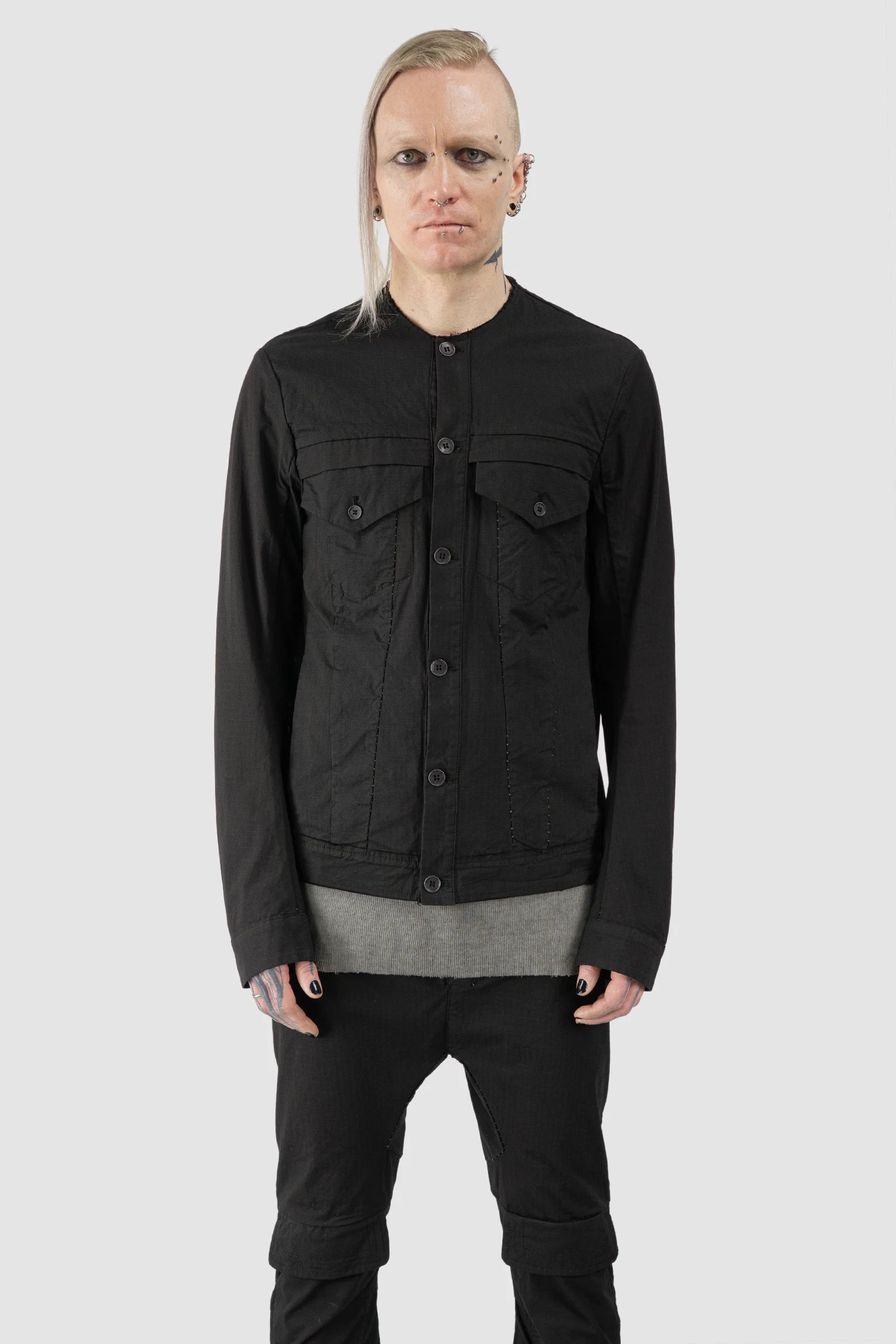 Masnada - Men’s Black Cotton Dart Cut Biker Jacket model front view