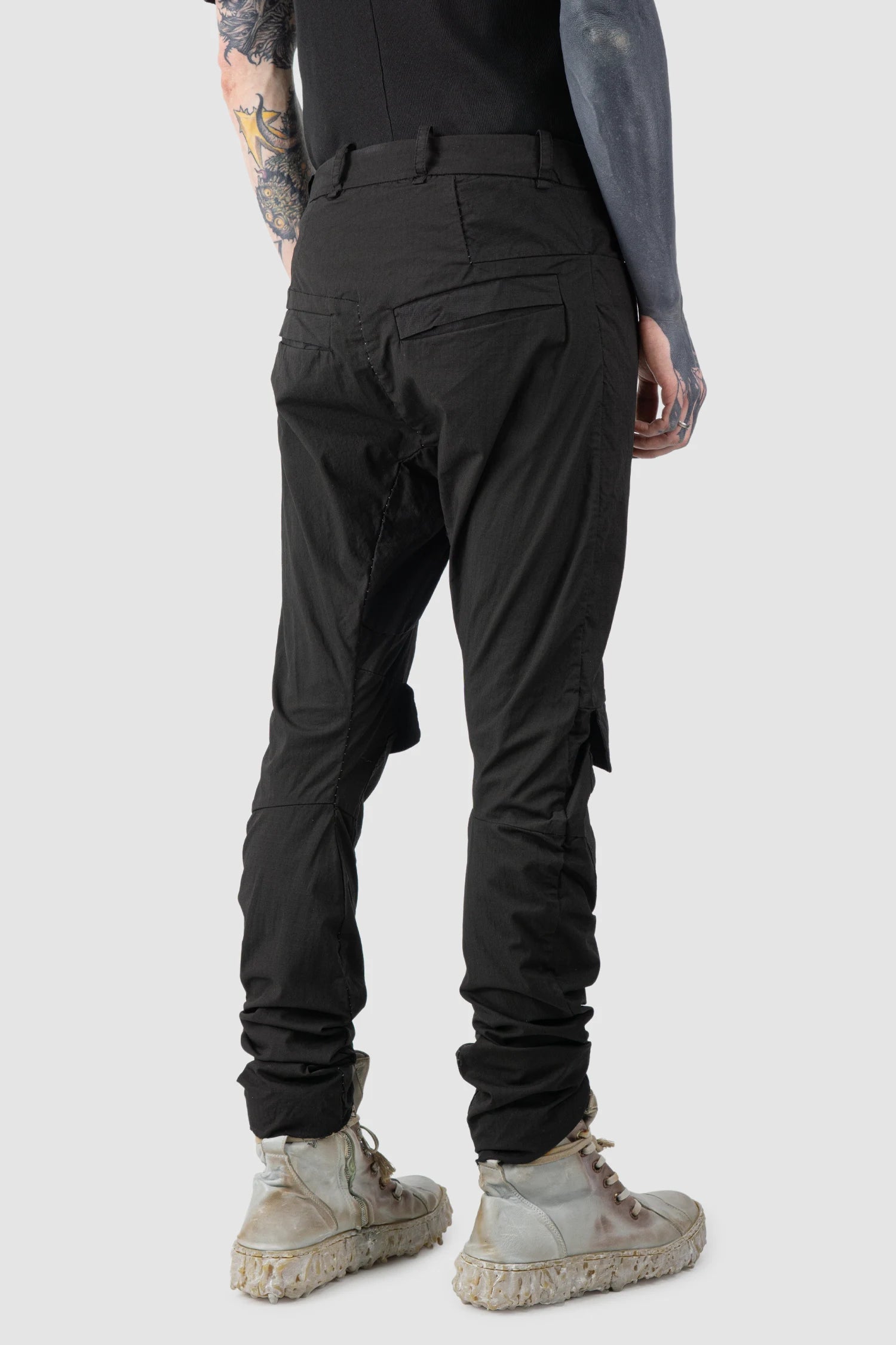 Masnada - Men’s Black Cotton Slim Fit Biker Cargo Trousers model back side view
