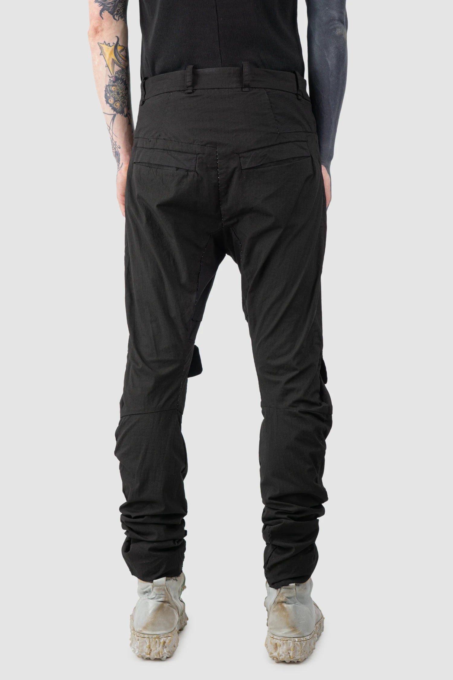 Masnada - Men’s Black Cotton Slim Fit Biker Cargo Trousers model back view