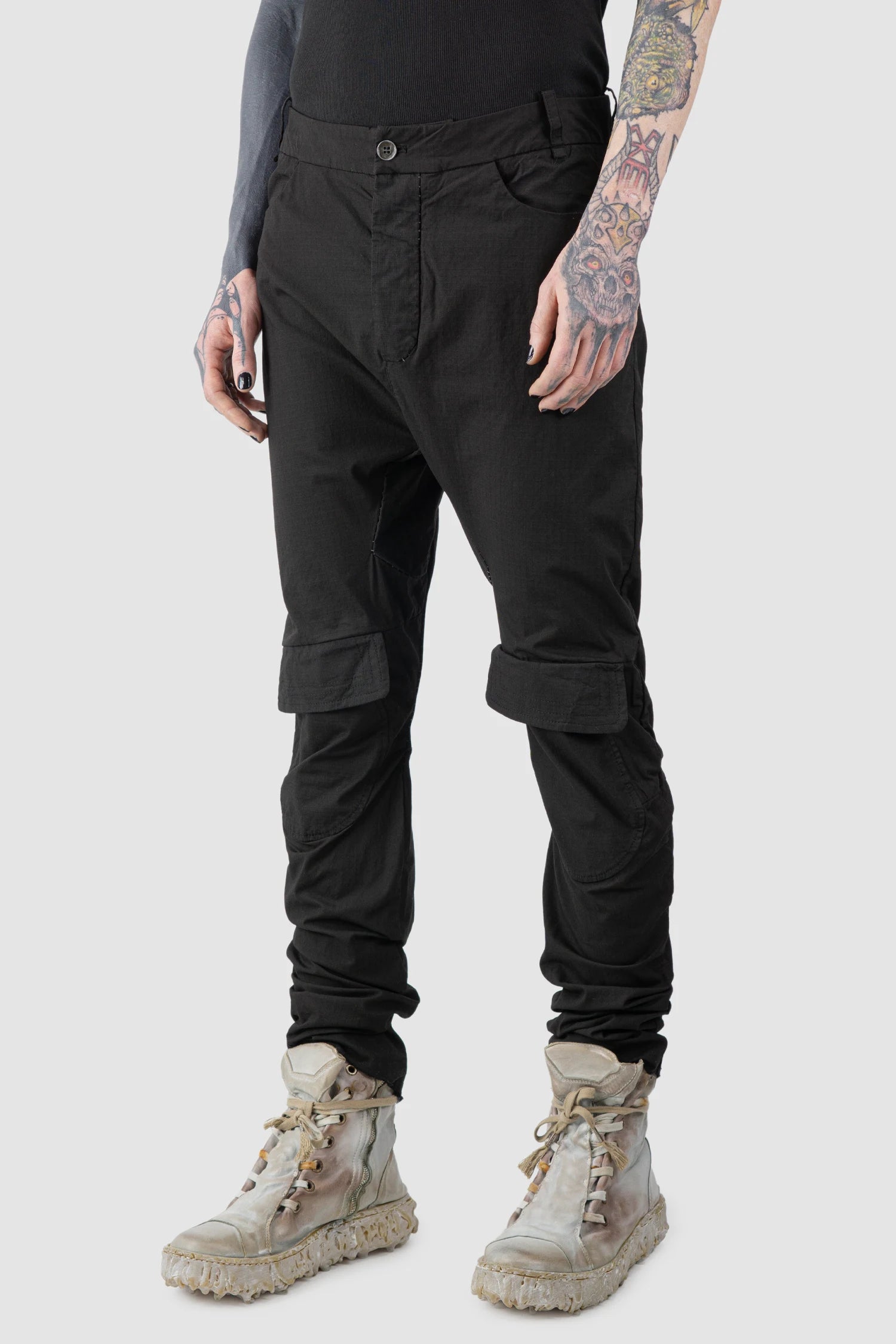 Masnada - Men’s Black Cotton Slim Fit Biker Cargo Trousers model front side view
