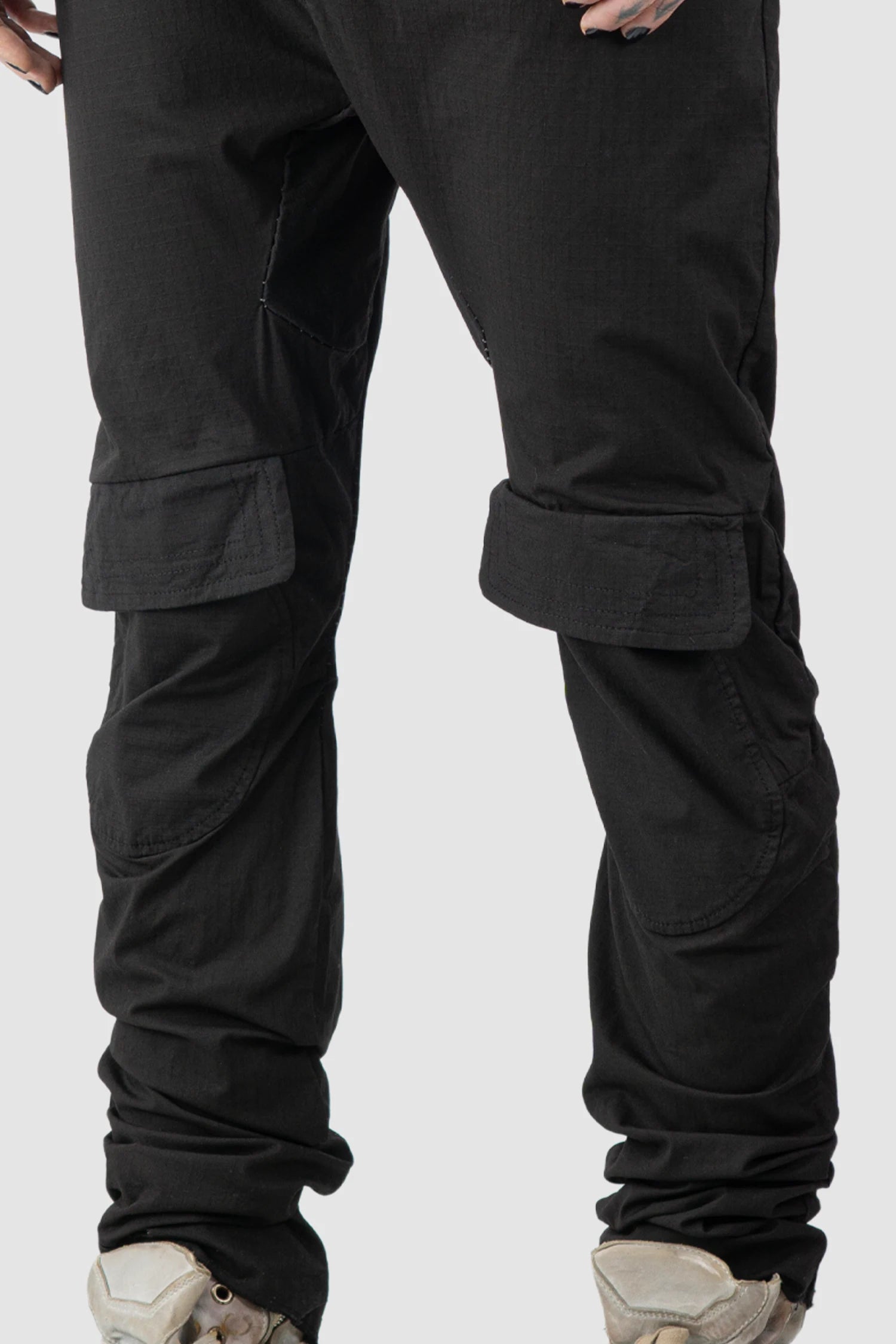 Masnada - Men’s Black Cotton Slim Fit Biker Cargo Trousers pocket detail view