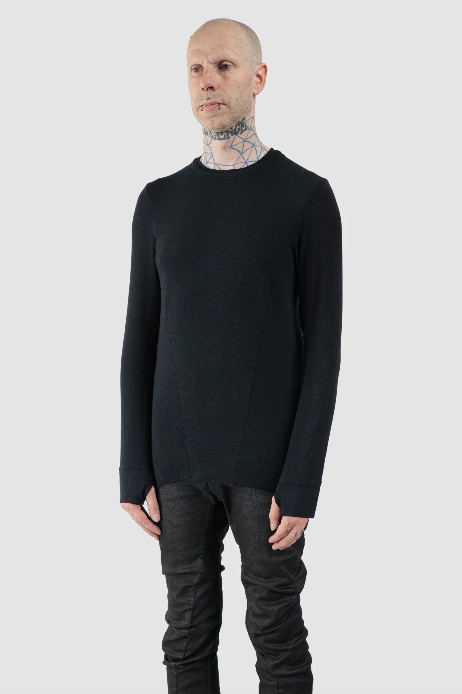 Masnada – Men's Black Double Front Modal Cashmere Long Sleeve - model side view Masnada – Men's Black Double Front Modal Cashmere Long Sleeve - model side view
