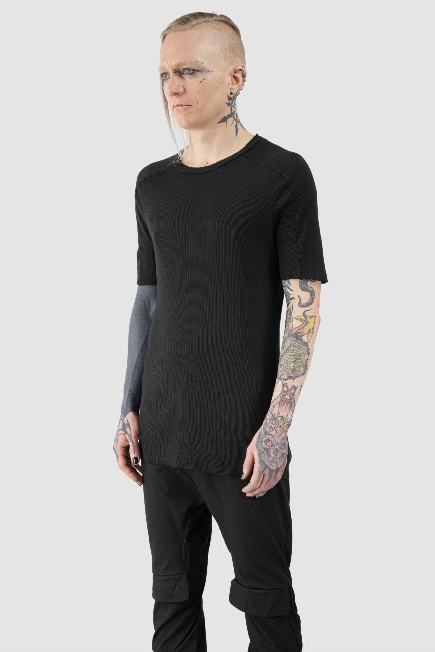Masnada - Men’s Black Stretch Cotton Rib Raglan T-Shirt model front side view