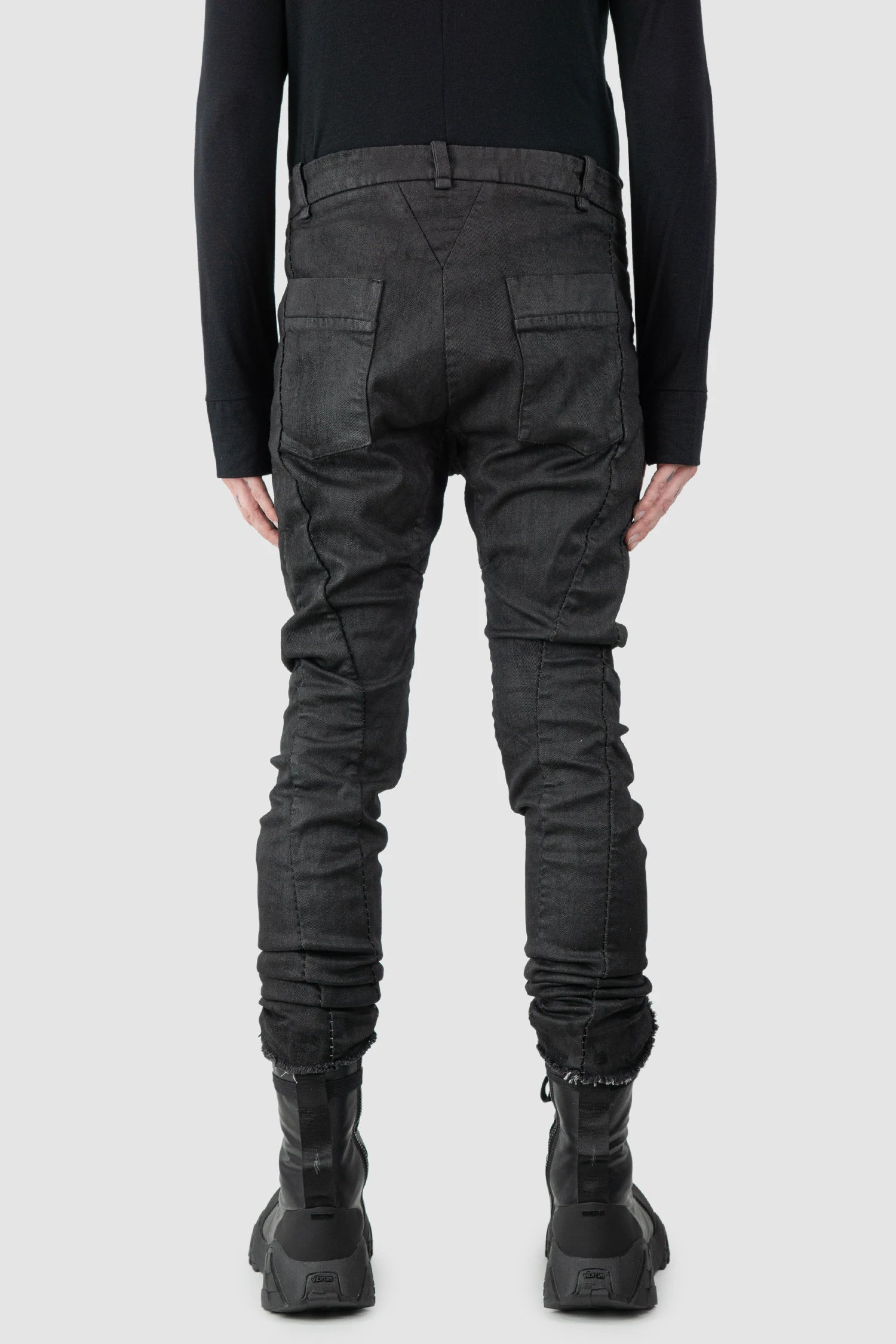 Masnada – Men's Black Waxed Curved Seam Denim Jeans - model back view Masnada – Men's Black Waxed Curved Seam Denim Jeans - model back view